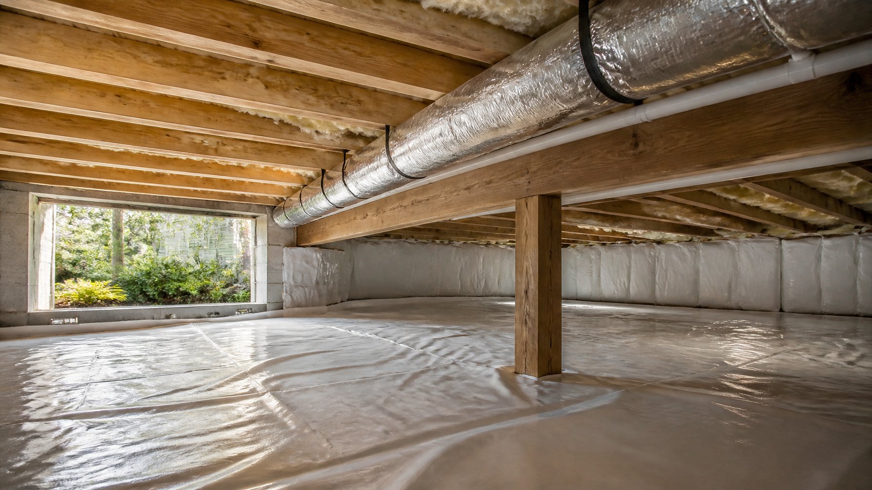 A clean and well-insulated crawl space under a house with wooden beams and ventilation materials visible.