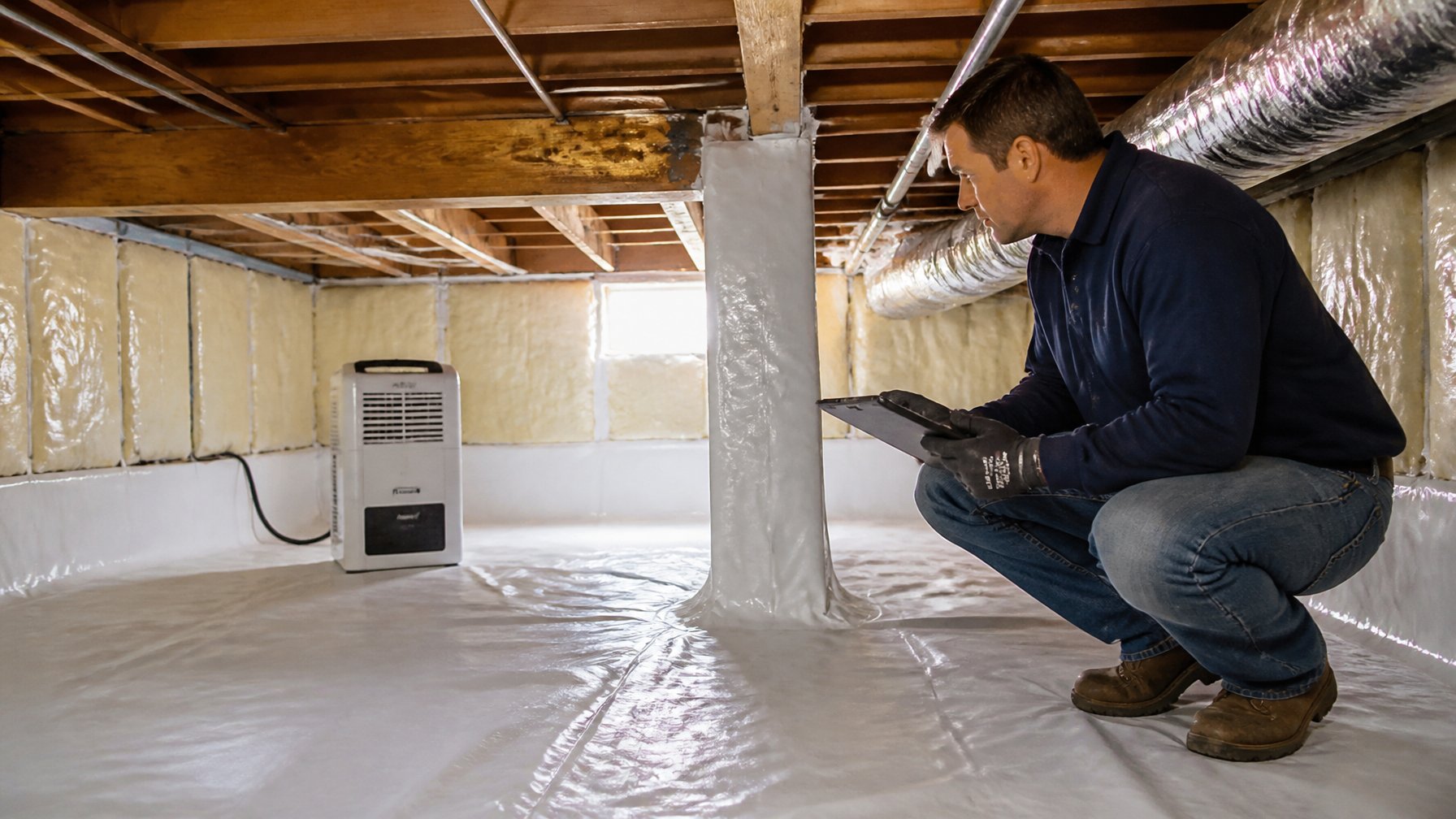 A person inspecting insulation in a clean, well-lit residential crawl space with wooden beams and pipes.