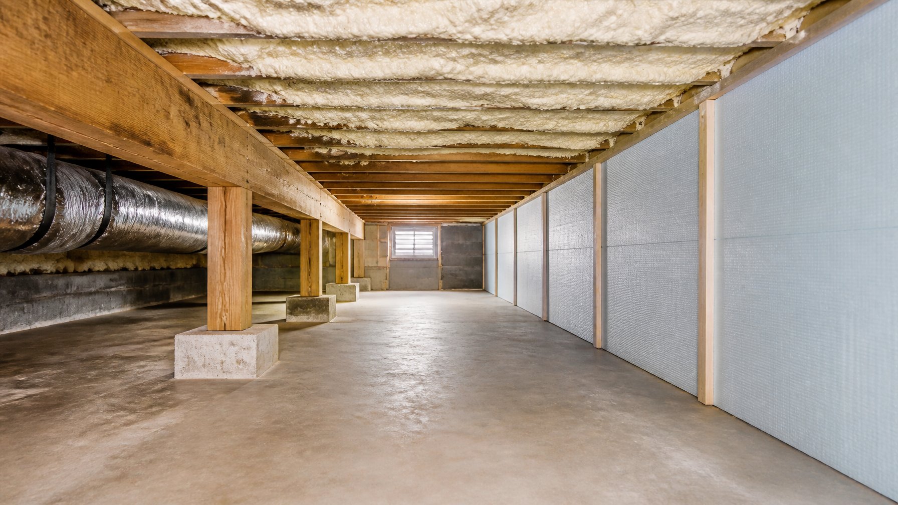 A clean residential crawl space showing closed-cell spray foam insulation on the ceiling and rigid foam board insulation on the walls.