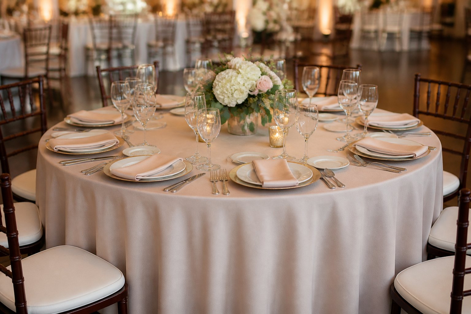 A 60-inch round table covered with a neatly fitting tablecloth, set with plates, silverware, glasses, and a floral centerpiece.