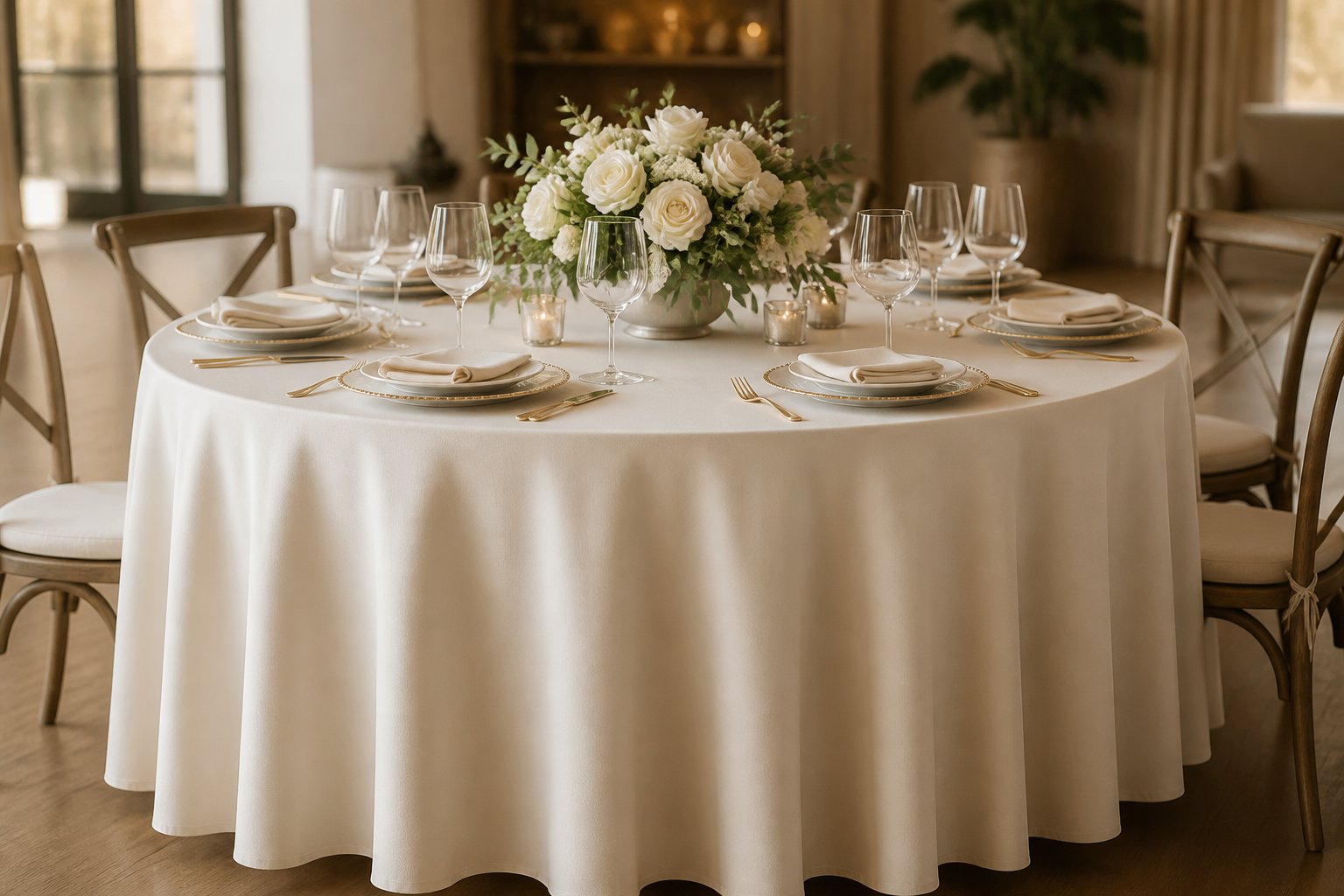 A round dining table with a neatly fitted tablecloth, set with plates, glasses, cutlery, and a floral centerpiece.