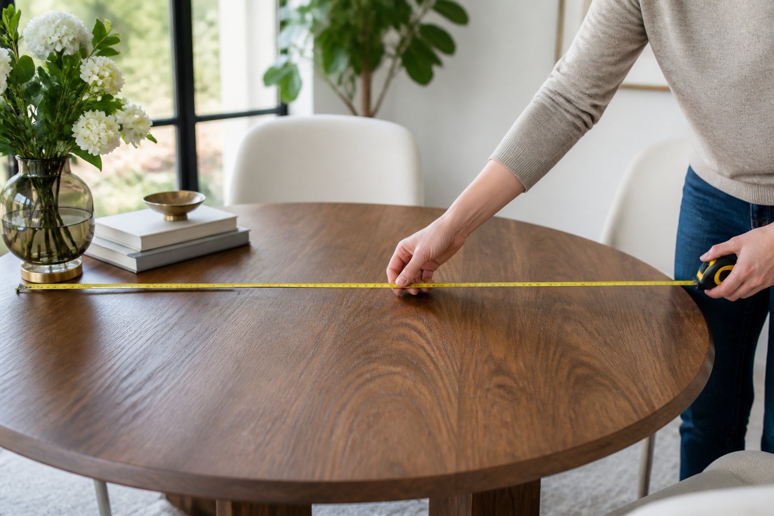 Person measuring a 60-inch round wooden table with a measuring tape in a bright dining room.