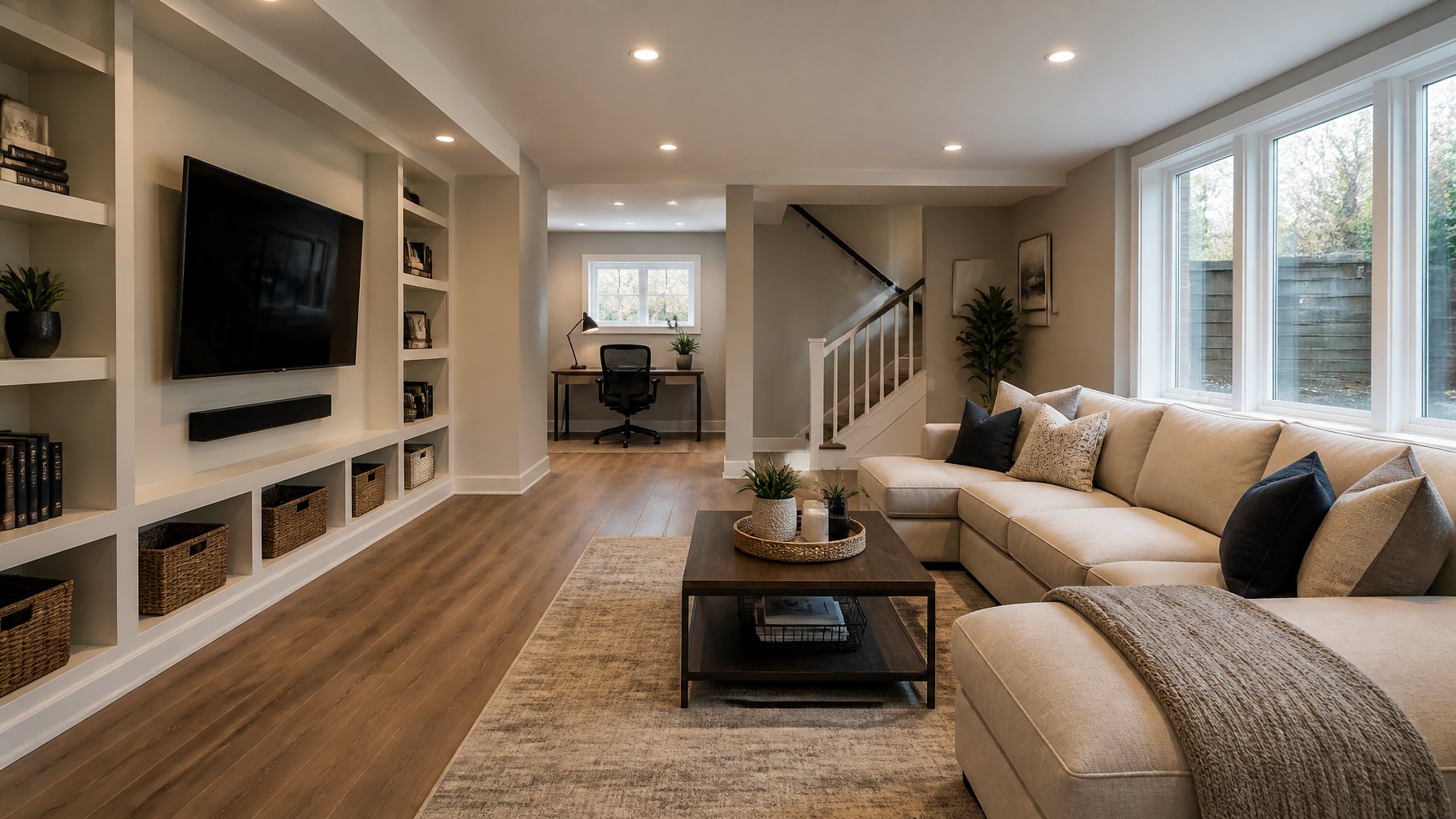 A finished basement with a cozy living area, including a sectional sofa, coffee table, built-in shelves, and a small home office nook.