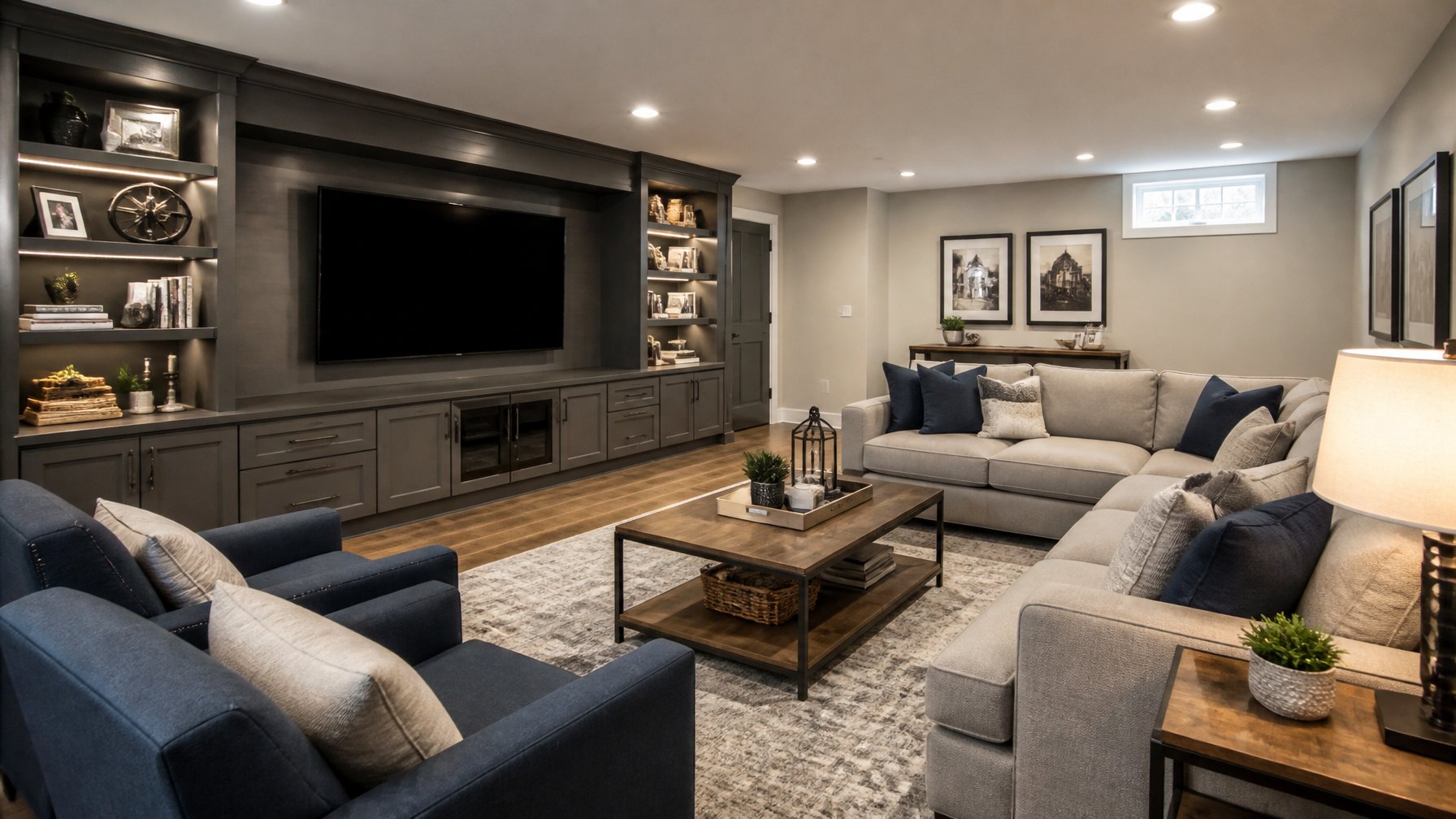 A basement family room with a built-in media wall, comfortable seating, and warm lighting.