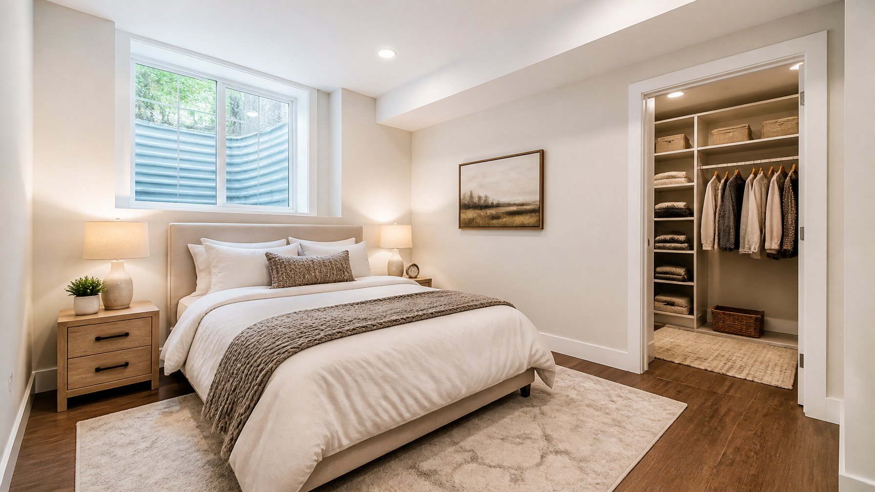 A basement guest suite with a large window, a cozy bed, and an open walk-in closet with organized clothes and shelves.