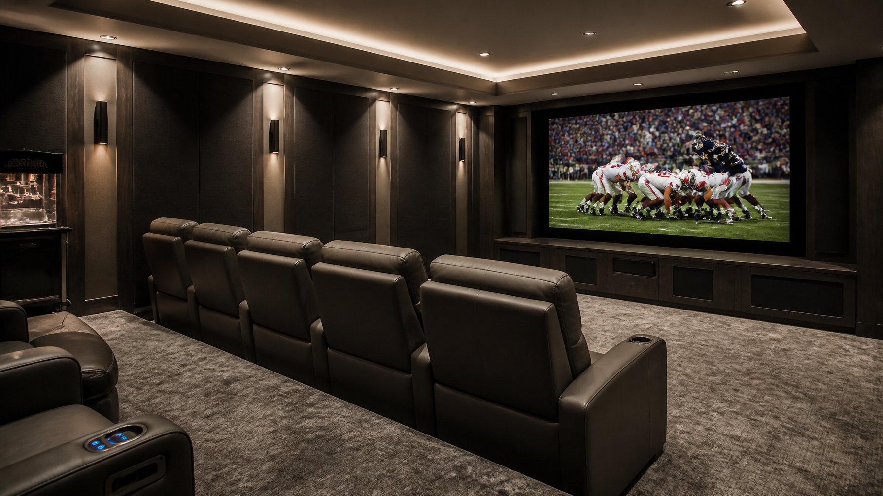 A basement home theater with tiered seating and acoustic panels on the walls.