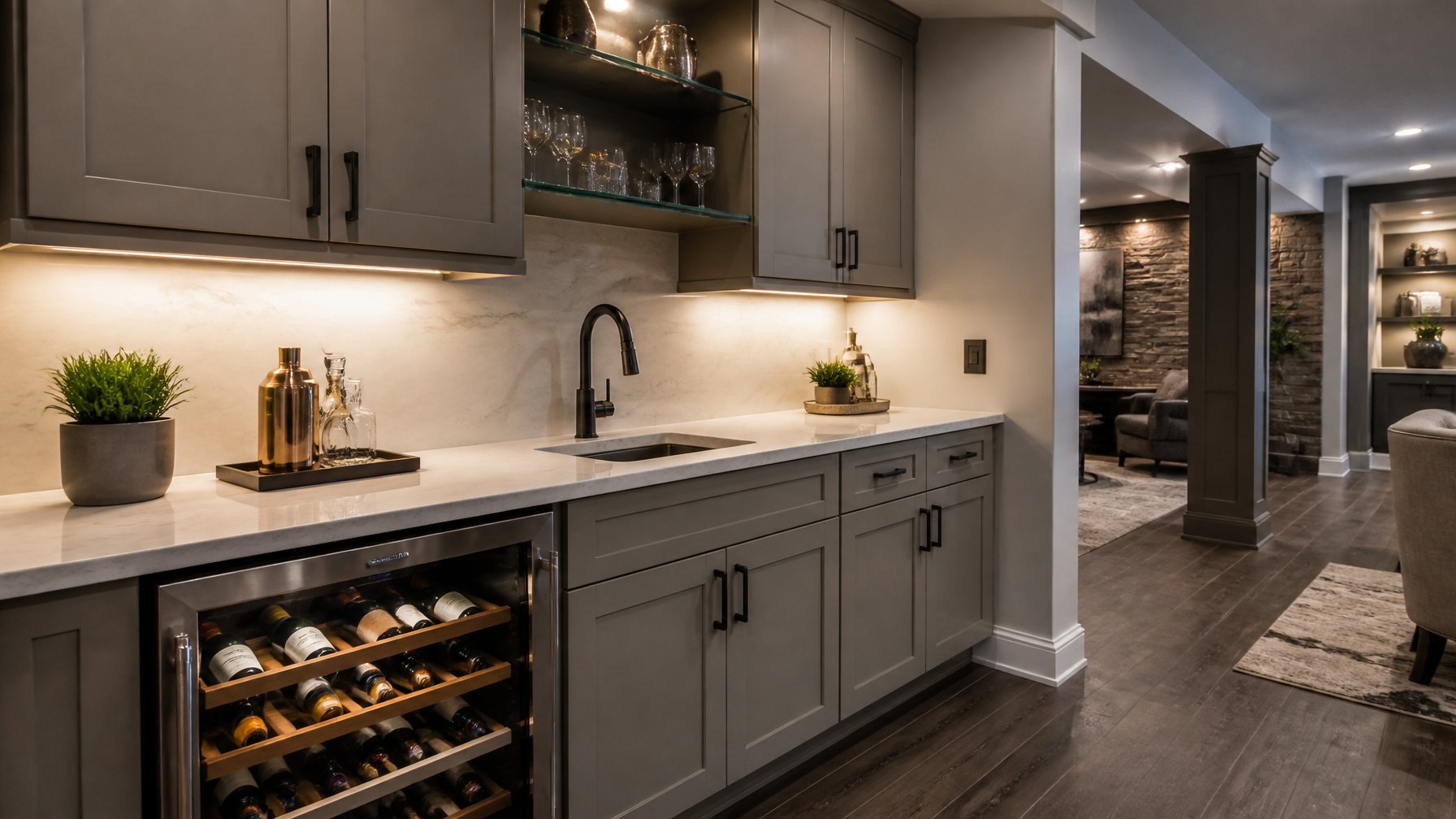 A modern wet bar in a basement with a quartz countertop and a built-in wine fridge displaying wine bottles.