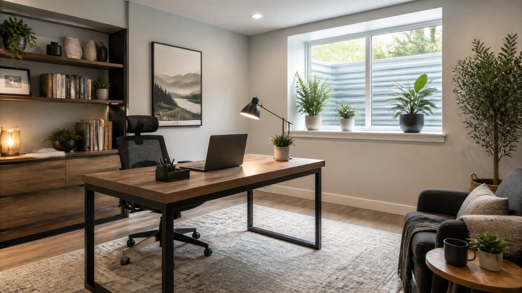 A home office in a daylight basement with a window well, featuring a desk, chair, laptop, plants, and natural light.