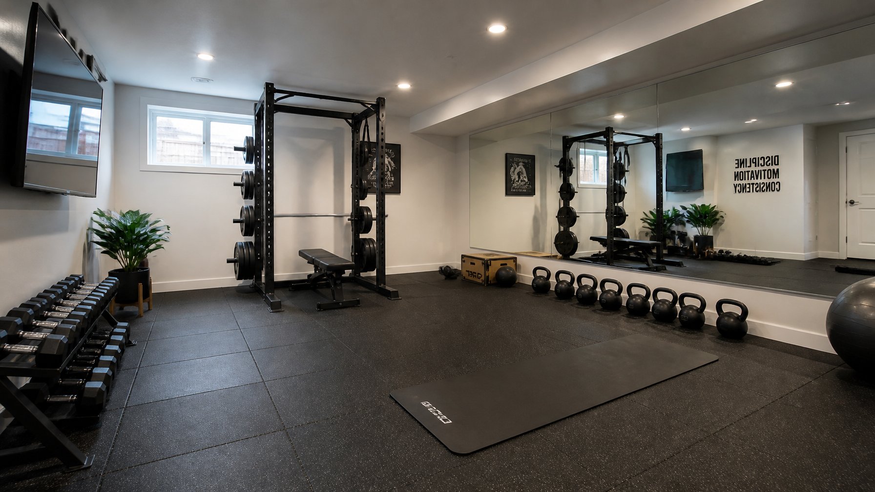 A fitness room with black rubber gym flooring, a large mirrored wall, and neatly arranged workout equipment.