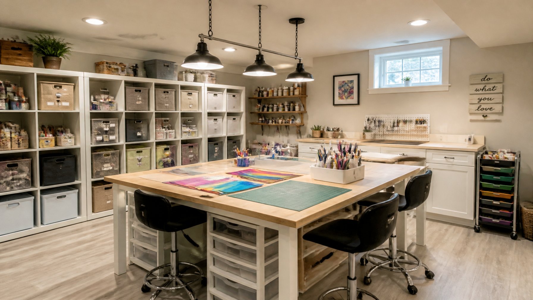 A craft studio in a finished basement with adjustable task lighting above a work table and organized storage cubbies along the wall.