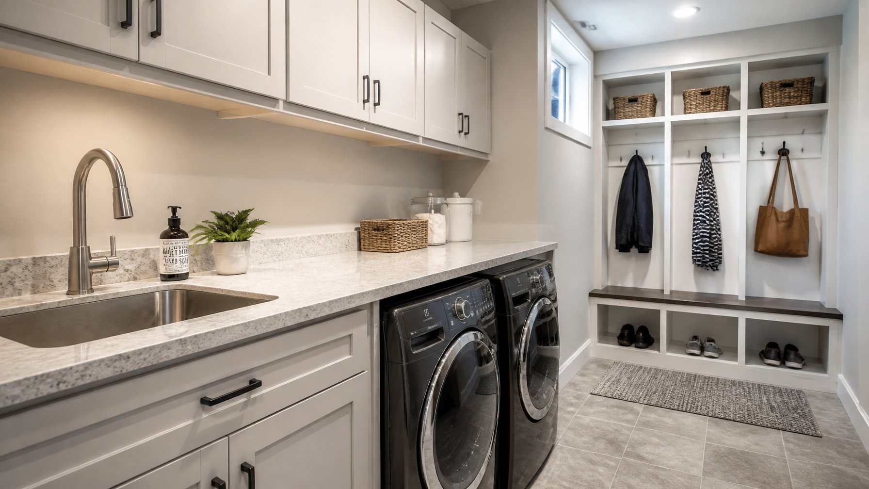 A basement mudroom and laundry area with a utility sink, countertop, cabinets, and a washing machine and dryer.