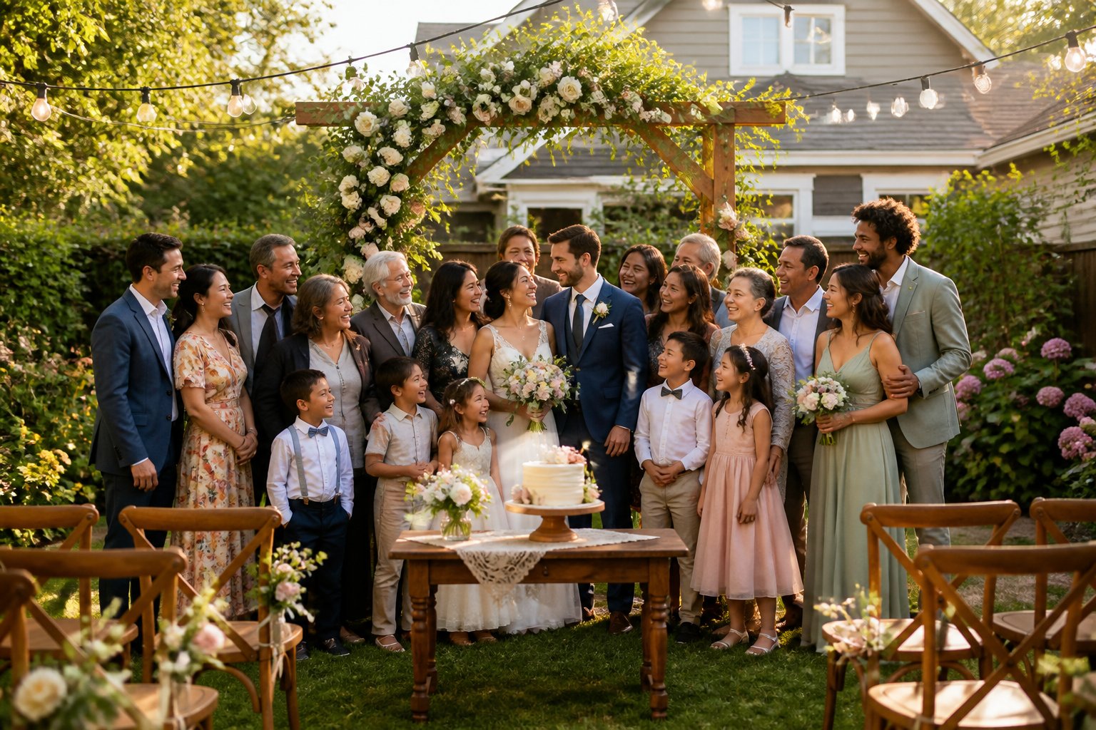 A family gathered in a backyard decorated for a wedding, with a floral arch, chairs, and string lights under warm sunlight.