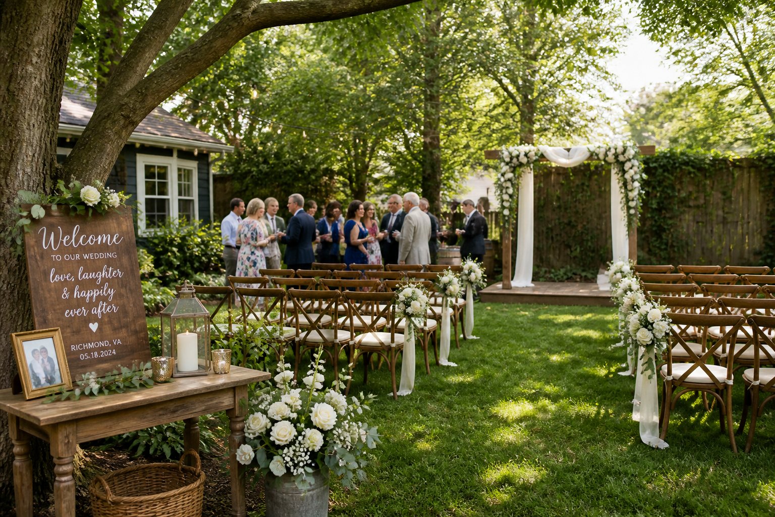 A backyard wedding setup with wooden chairs, floral decorations, string lights, and family members gathered outdoors in a green garden.