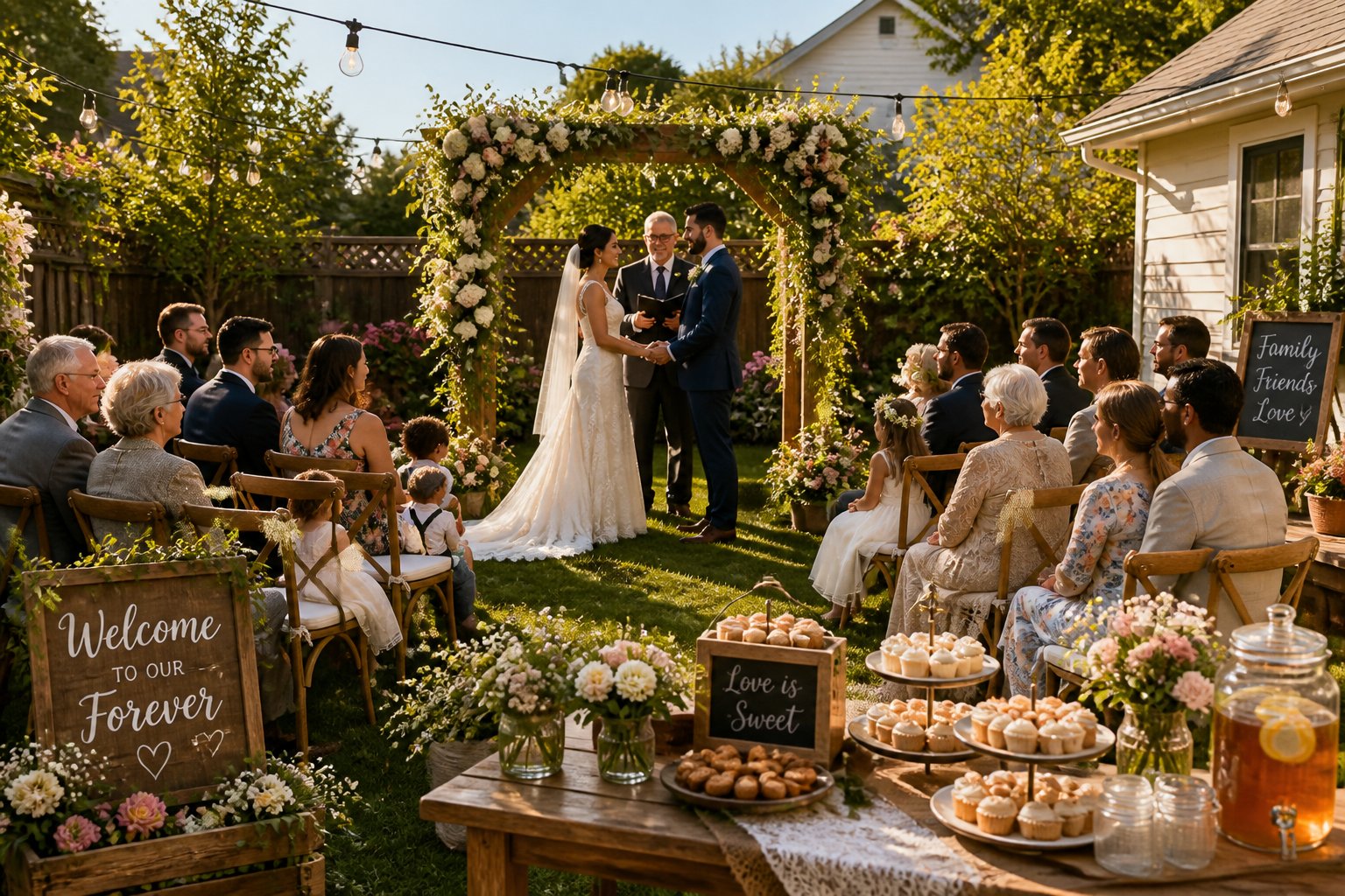 A family backyard wedding with a couple exchanging vows under a floral arch, surrounded by seated family members and decorated tables in a garden.