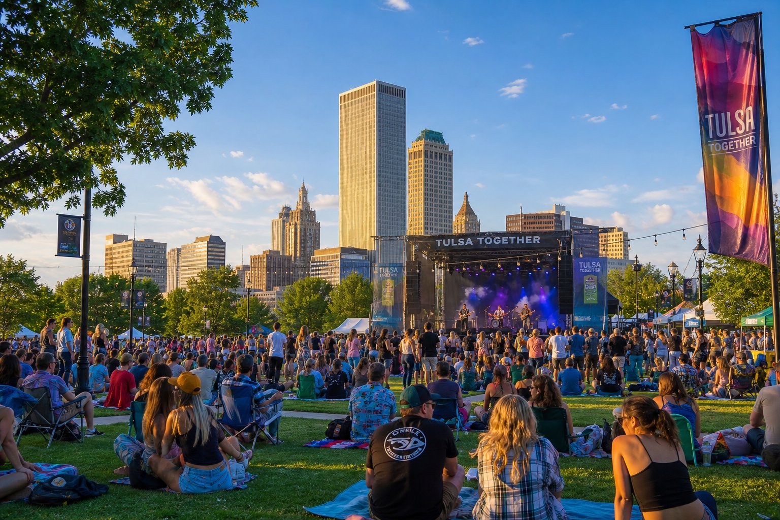 People enjoying an outdoor concert in a green park with a stage and Tulsa skyline in the background.