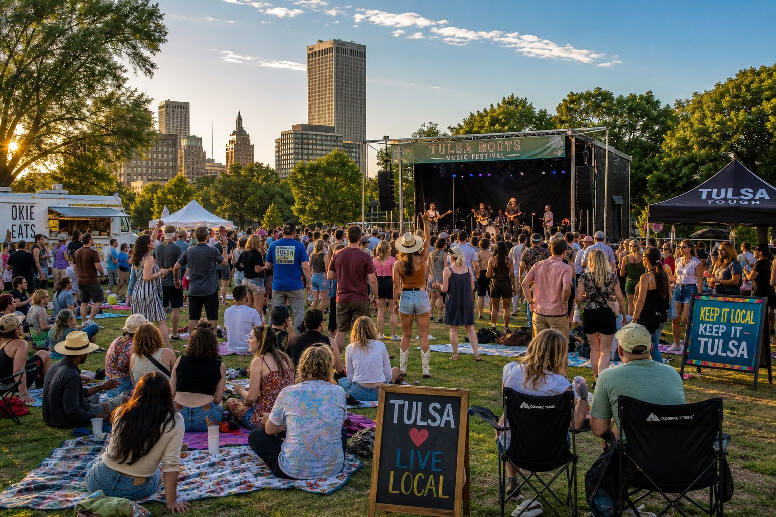 People enjoying an outdoor concert in a park with a stage, musicians, and trees in Tulsa, Oklahoma.