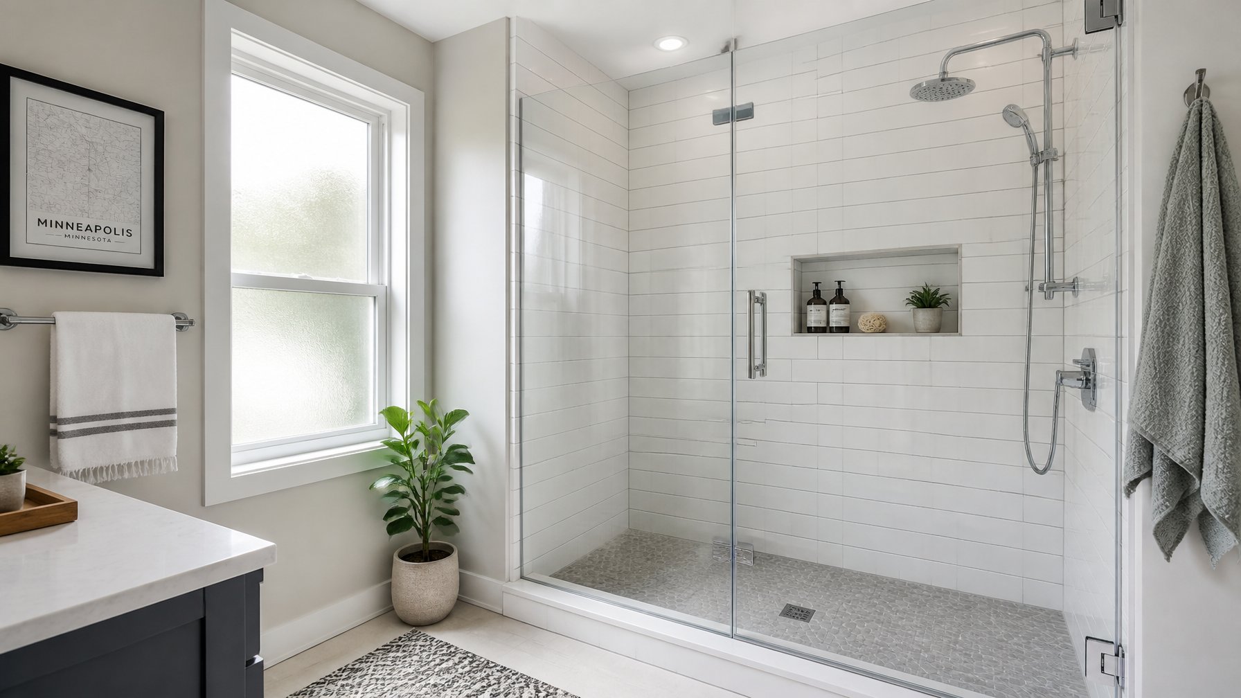 A bright bathroom with a walk-in glass shower, white tiled walls, chrome fixtures, and a small potted plant near the shower.