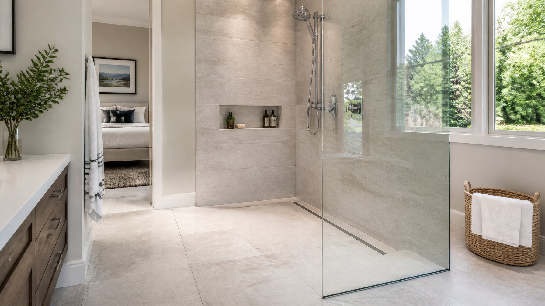 A bright bathroom with a curbless walk-in shower and a linear drain, featuring large tiles and a frameless glass enclosure.