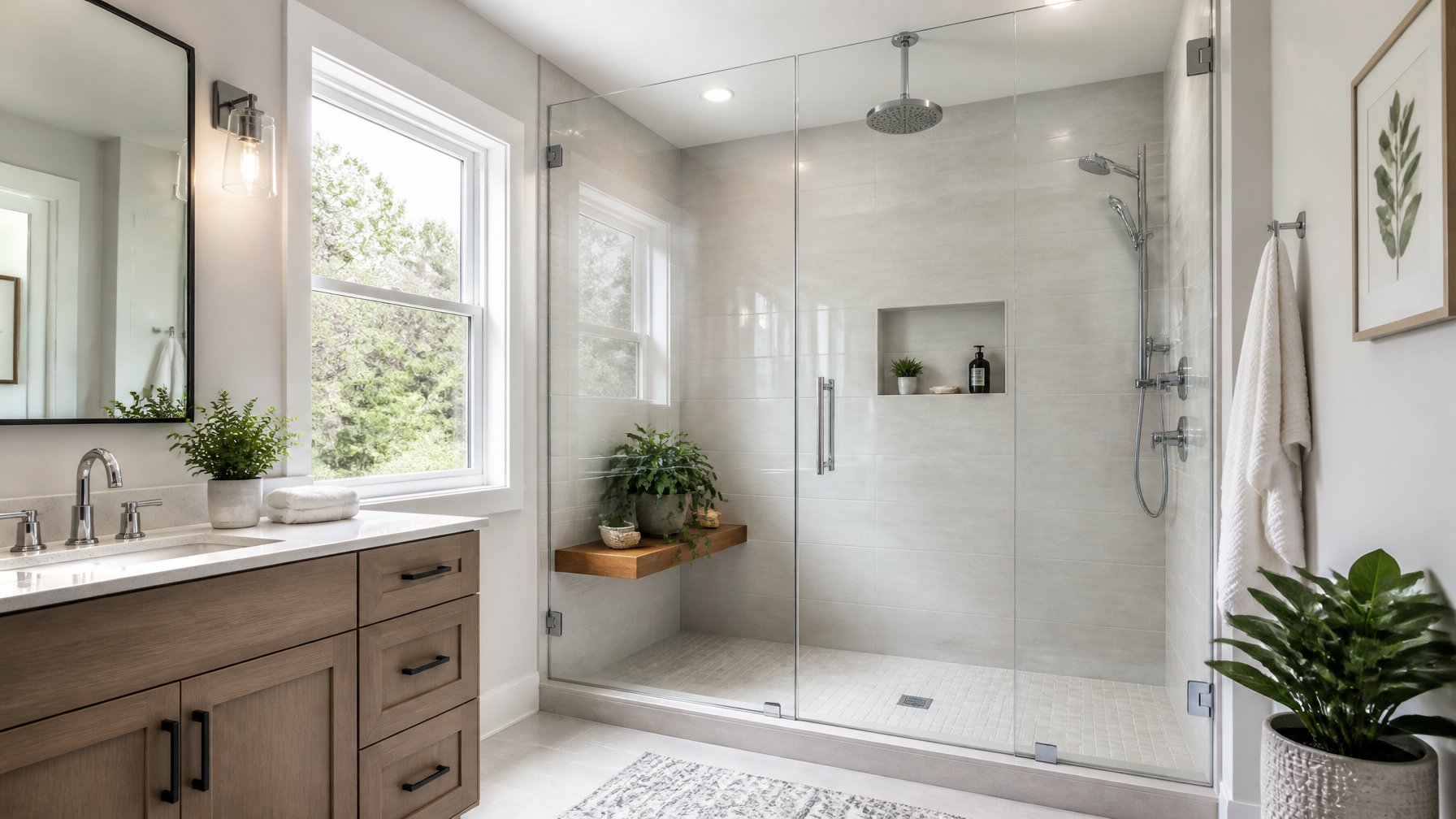 A modern bathroom with a frameless glass shower enclosure next to a tub area, featuring light tiles and natural light.