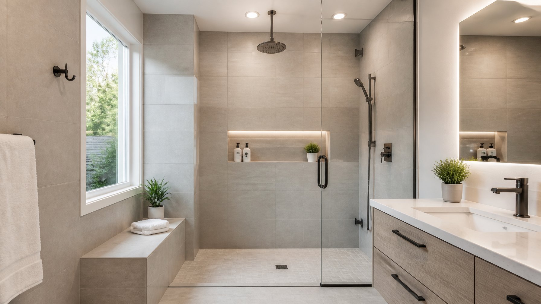 A modern bathroom with a tub-to-shower conversion featuring tile walls from floor to ceiling and a spacious shower area.