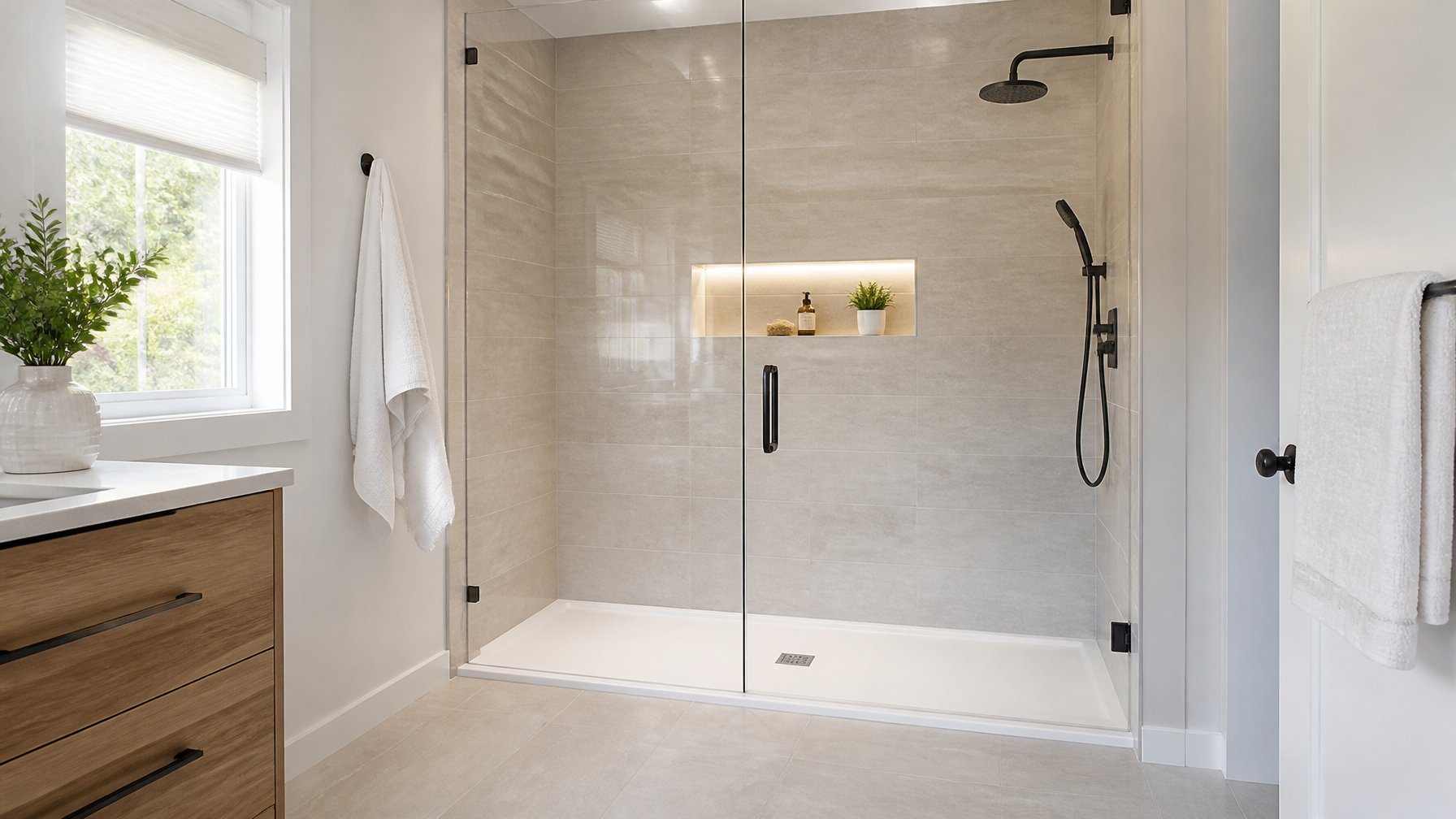A modern bathroom with a low-profile shower pan, frameless glass door, and neutral tile walls and floor.