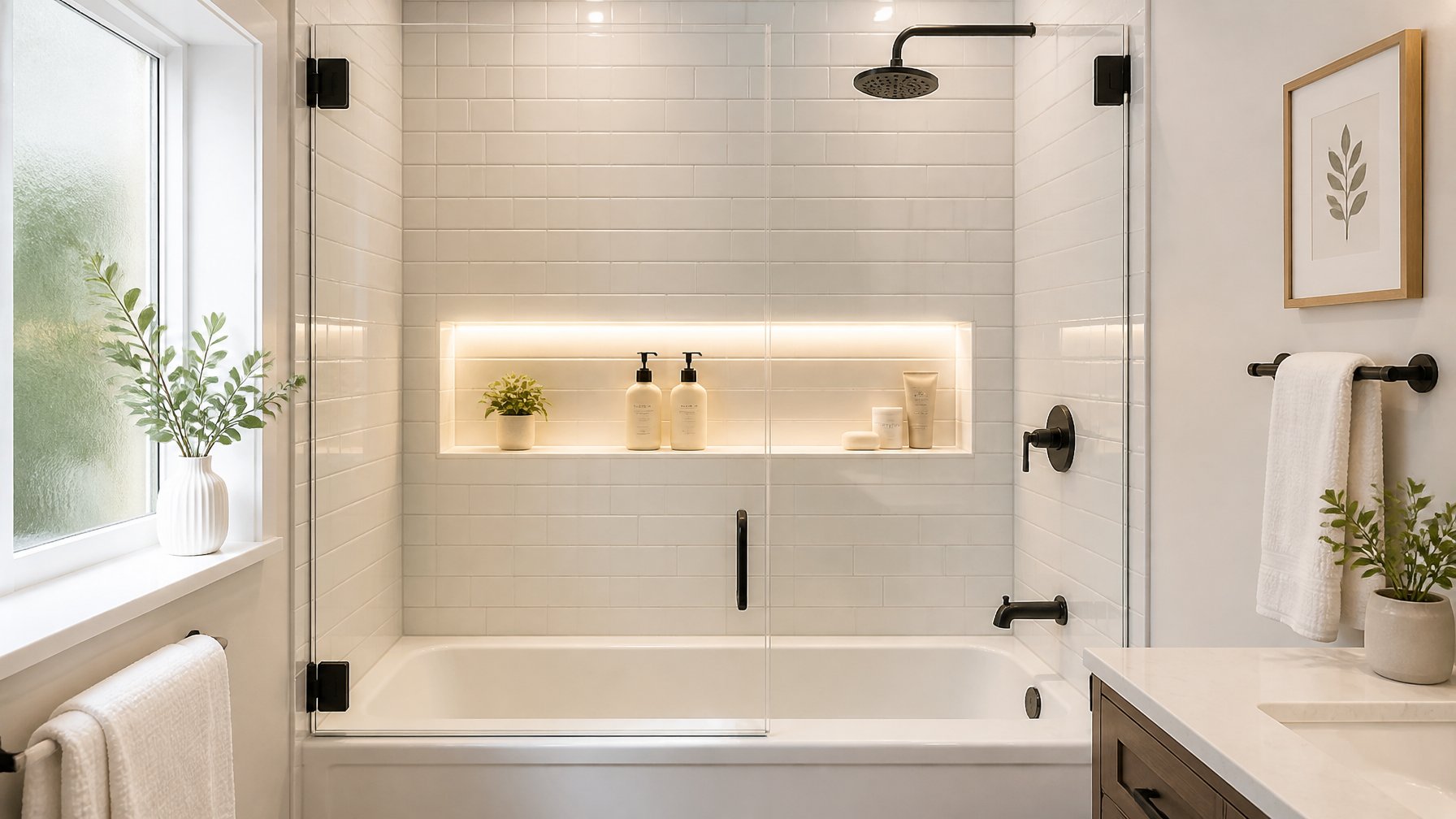 A modern bathroom with a built-in niche illuminated by LED lights inside a tub-to-shower conversion.