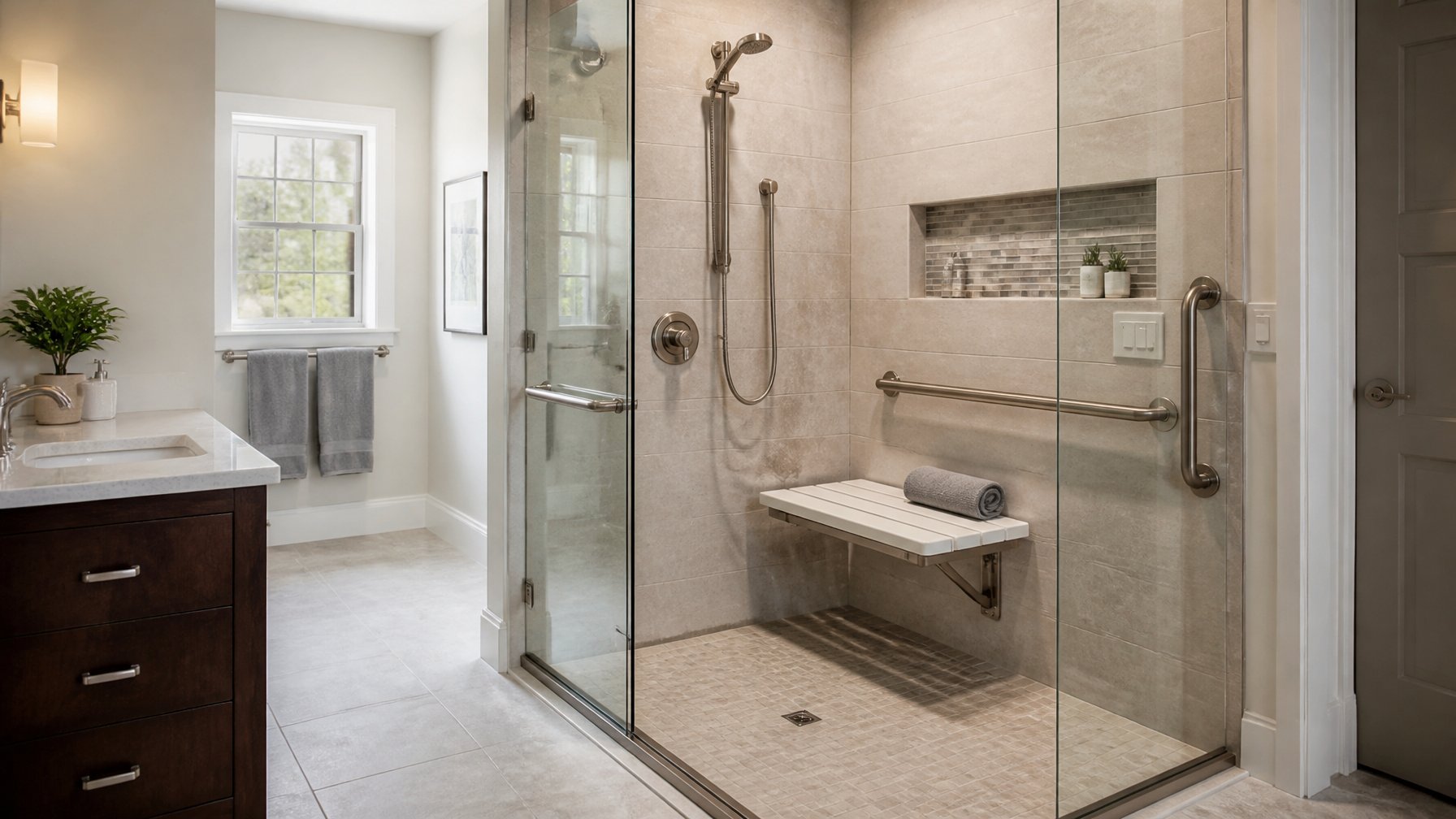 A bathroom shower area with a built-in foldable bench and grab bars for accessibility.