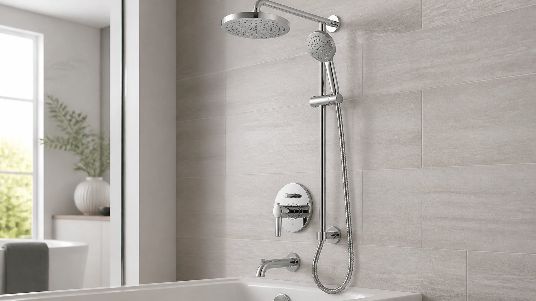 Modern bathroom shower setup with rainfall showerhead and handheld dual shower valve mounted on tiled wall.