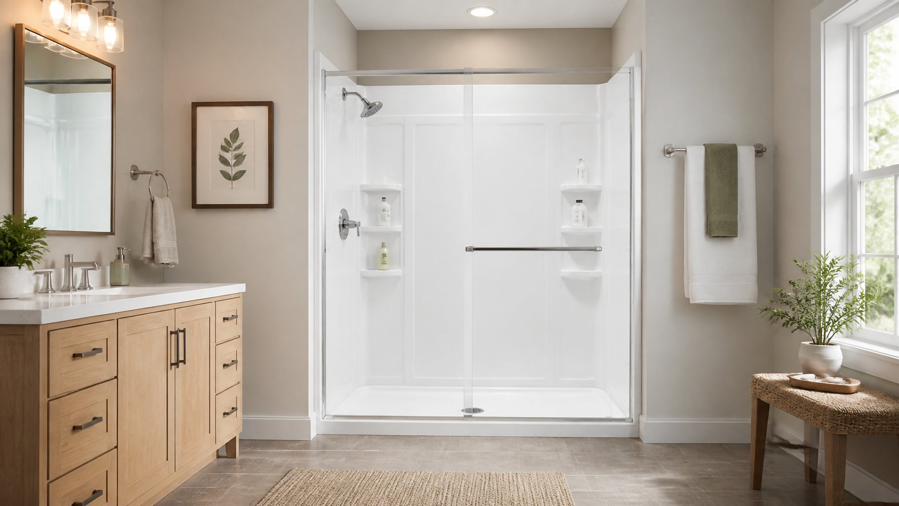 A modern bathroom with a clear acrylic shower enclosure, chrome fixtures, neutral tiles, and natural lighting.