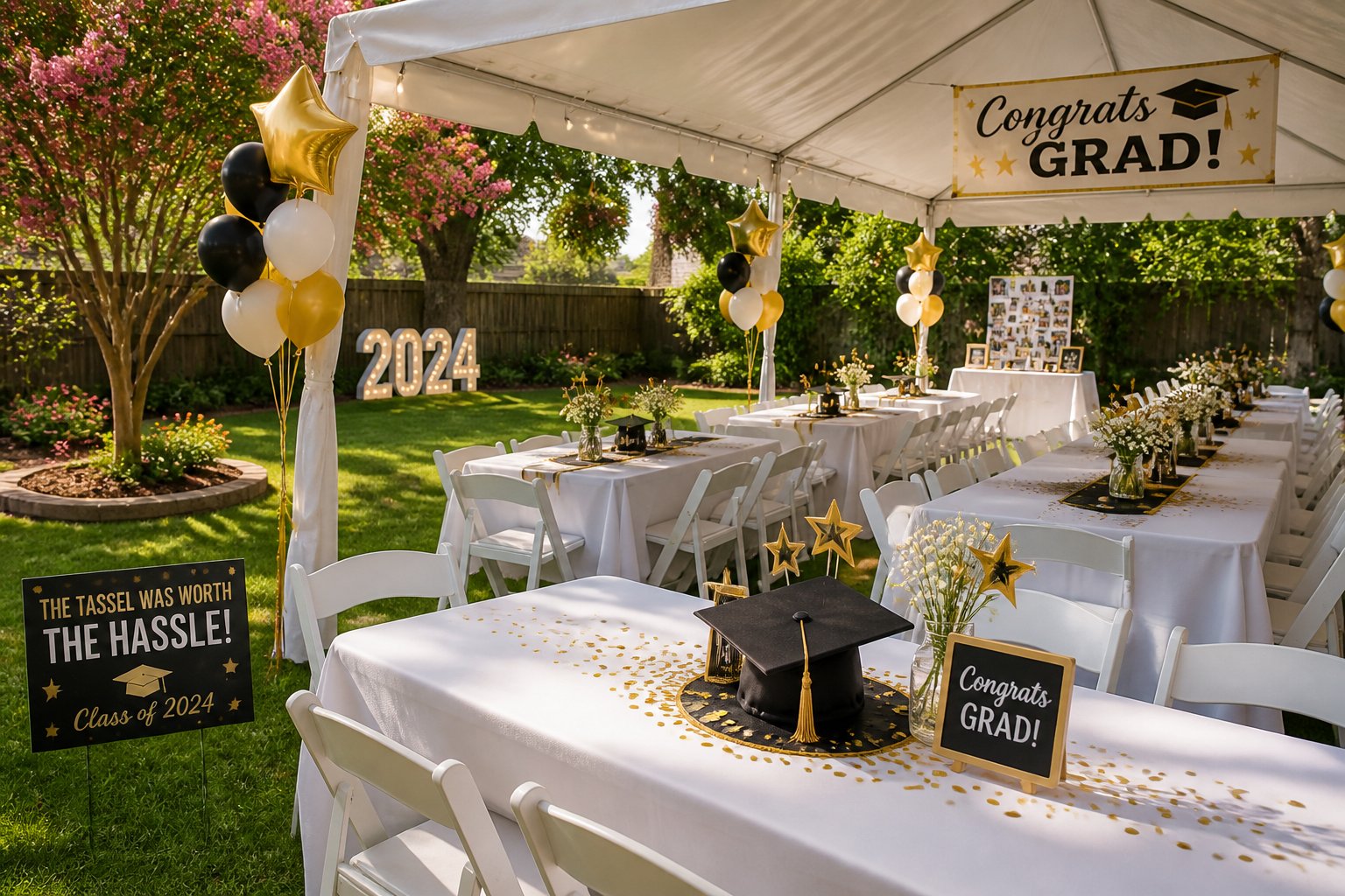 Outdoor graduation party setup with chairs, tables, and a large tent in a backyard.
