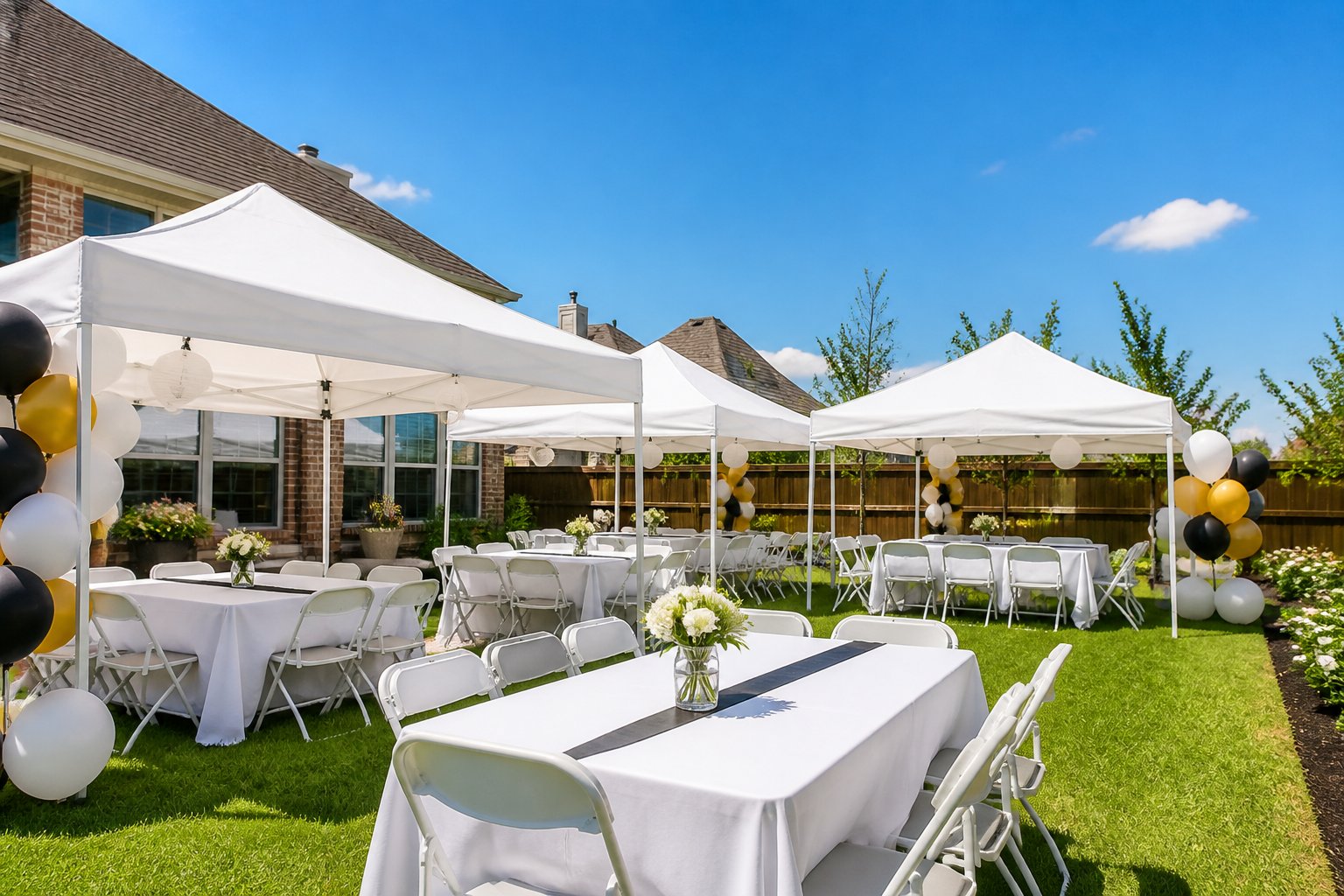 Outdoor graduation party setup with white chairs, tables covered with white cloths, and large white tents on a green lawn.