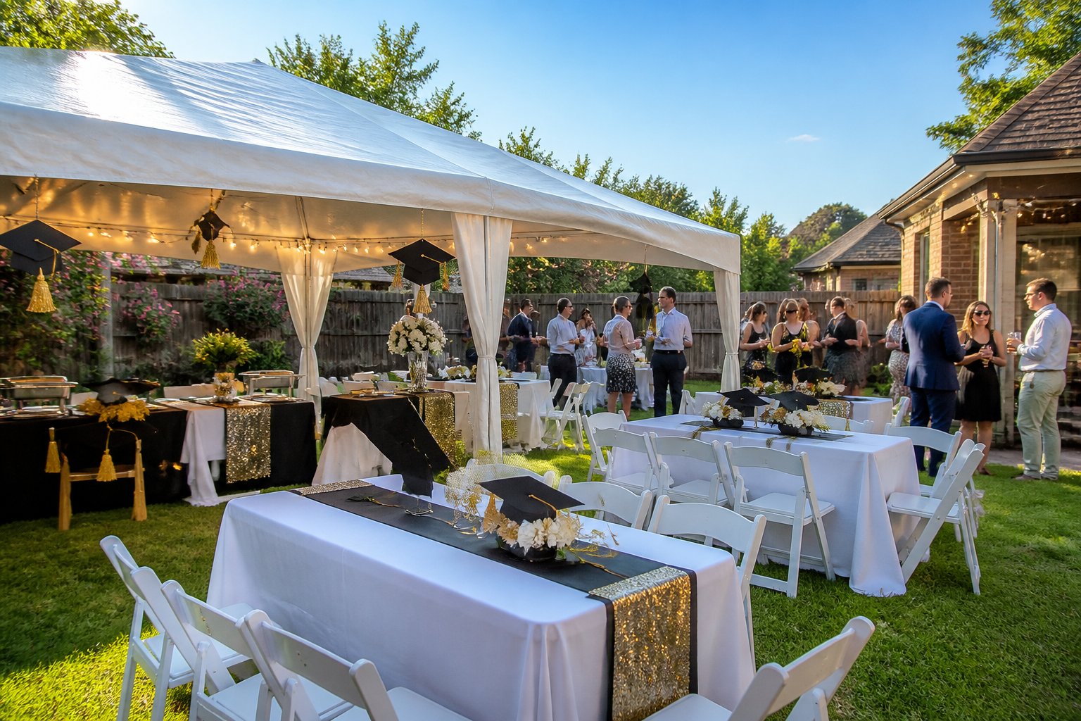 Outdoor graduation party setup with chairs, tables, and a large tent in a backyard during late afternoon.