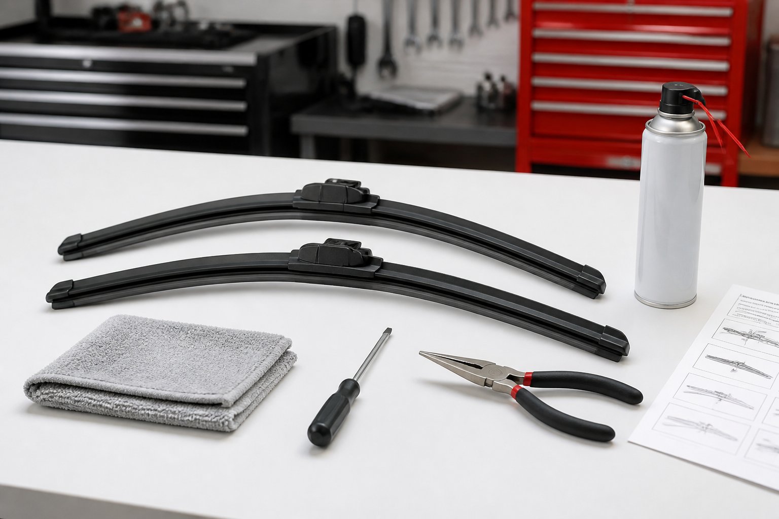 A collection of tools and materials laid out on a workbench for installing wiper blades on a Dodge Viper.