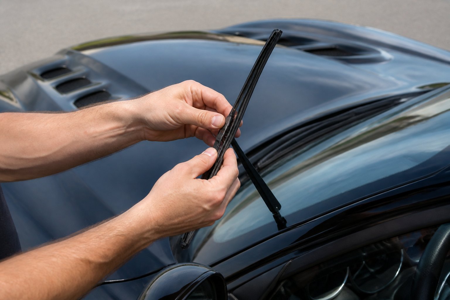 Close-up of hands installing a wiper blade on a Dodge Viper car windshield.