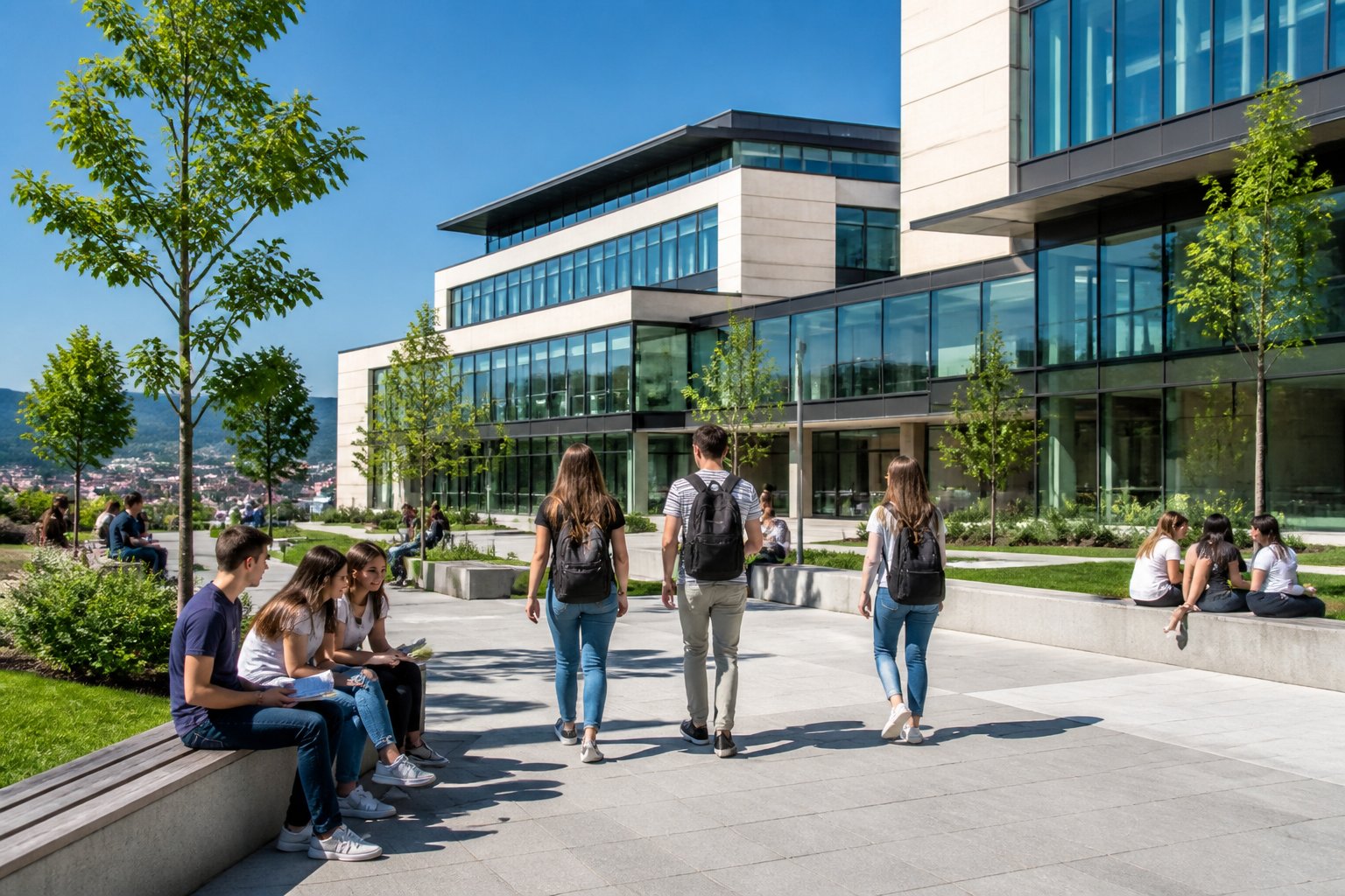 Students na sveučilišnom kampusu kraj modernog fakultetskog zgrade okružene zelenilom.