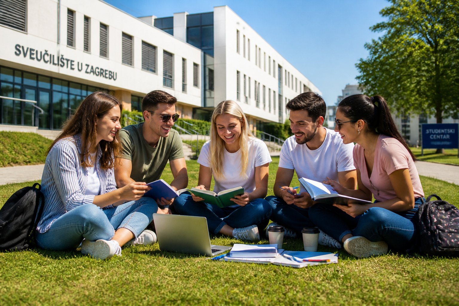 Grupa mladih studenata sjedi na travi ispred sveučilišne zgrade i zajedno uči na otvorenom.
