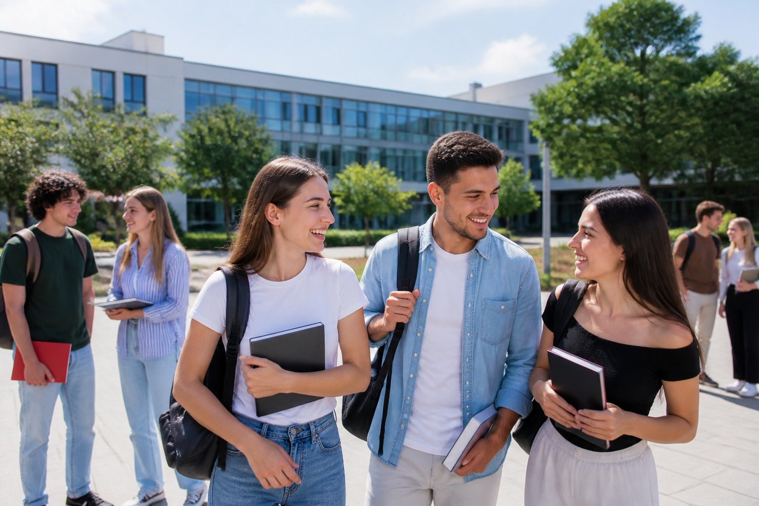 Grupa mladih hrvatskih studenata na sveučilišnom kampusu, smiju se i razgovaraju u opuštenoj atmosferi.