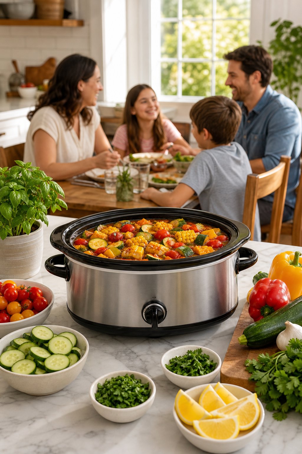 A crockpot filled with colorful summer vegetables on a kitchen counter, with fresh ingredients around it and a family gathered at a dining table in the background.