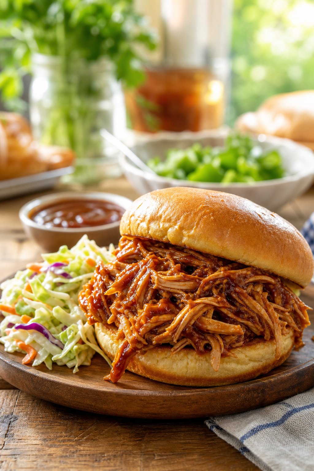 A shredded BBQ chicken sandwich with coleslaw on a wooden table in a bright kitchen setting.