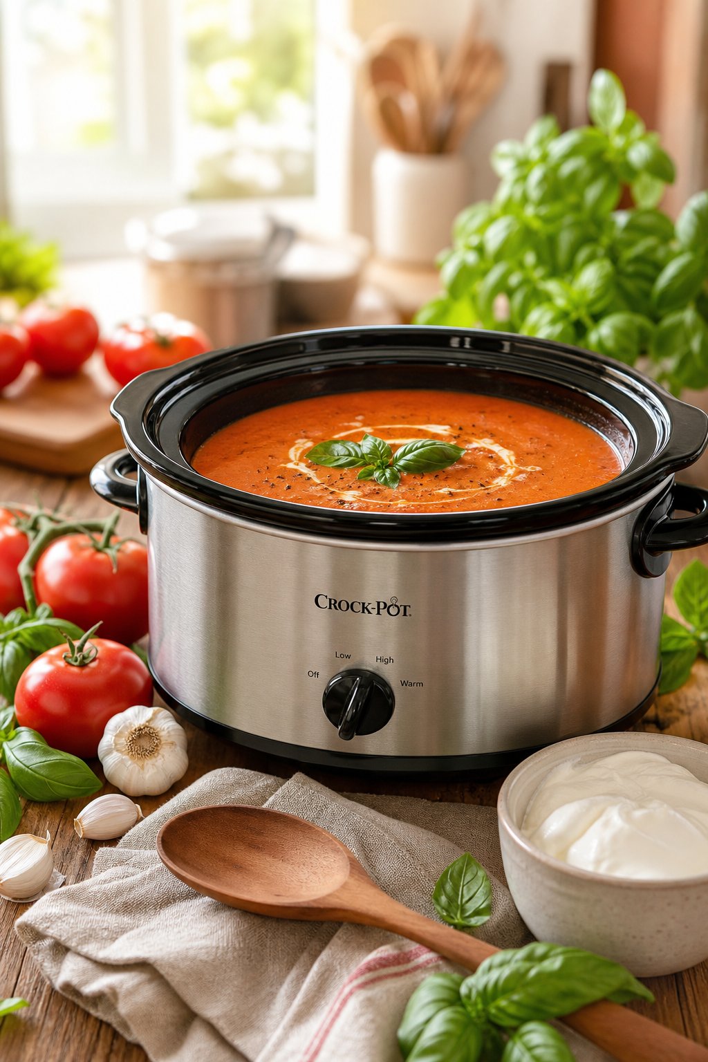 A crockpot filled with creamy tomato basil soup on a wooden countertop surrounded by fresh tomatoes, basil, and garlic.