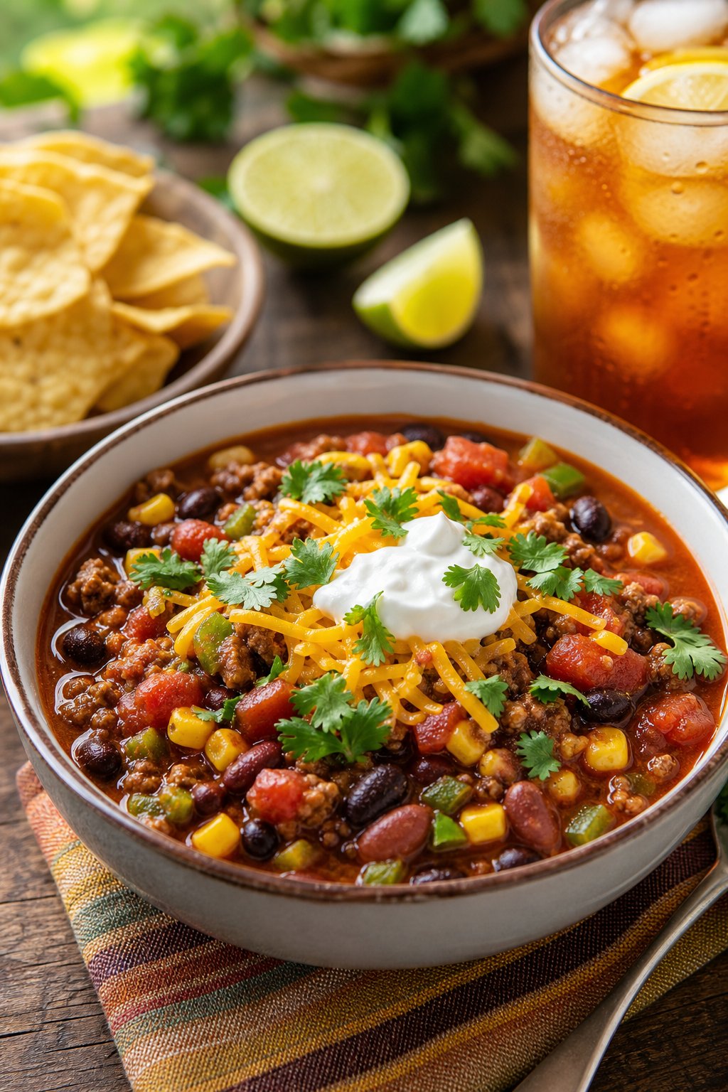 A bowl of taco chili with beans, corn, and cheese on a wooden table, surrounded by tortilla chips and a glass of iced tea.