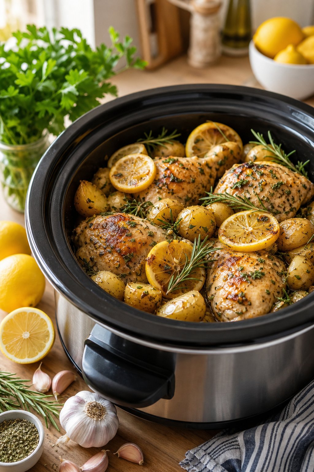 A slow cooker filled with lemon chicken and roasted potatoes garnished with herbs on a wooden kitchen countertop.
