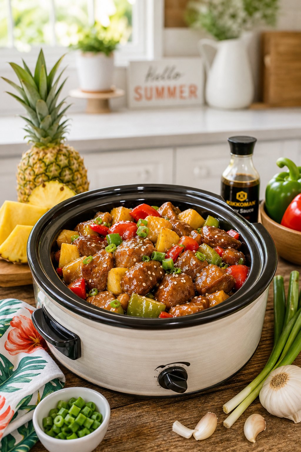 A crockpot filled with teriyaki pineapple pork and vegetables on a wooden table with fresh ingredients around it.
