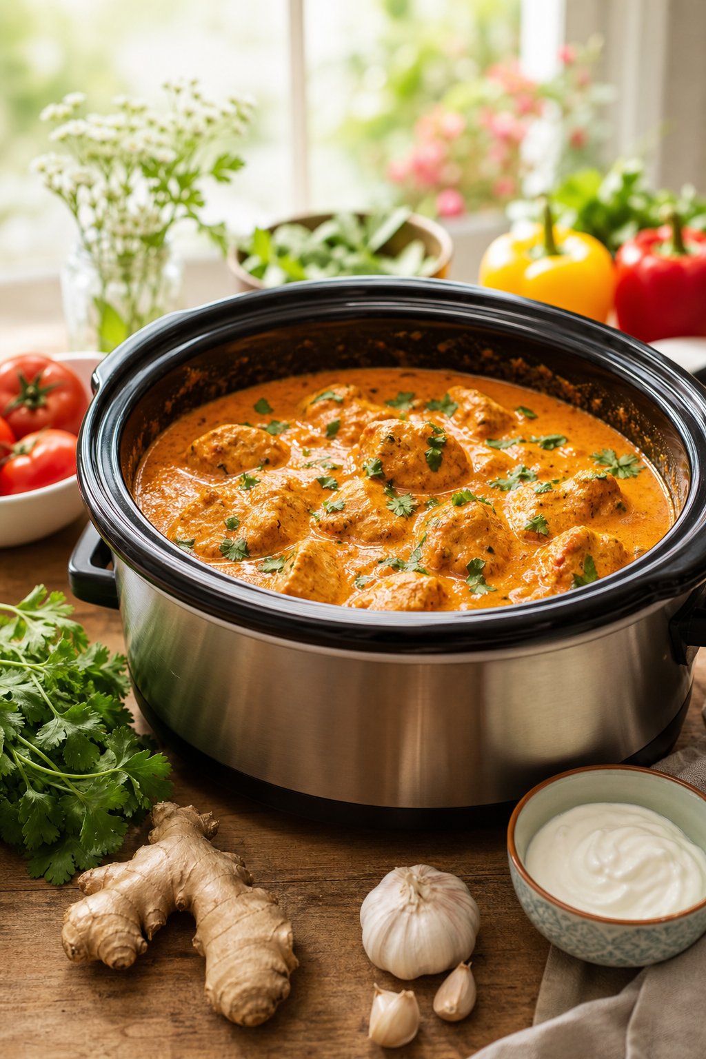 A slow-cooker filled with creamy butter chicken on a wooden table surrounded by fresh ingredients and natural light.