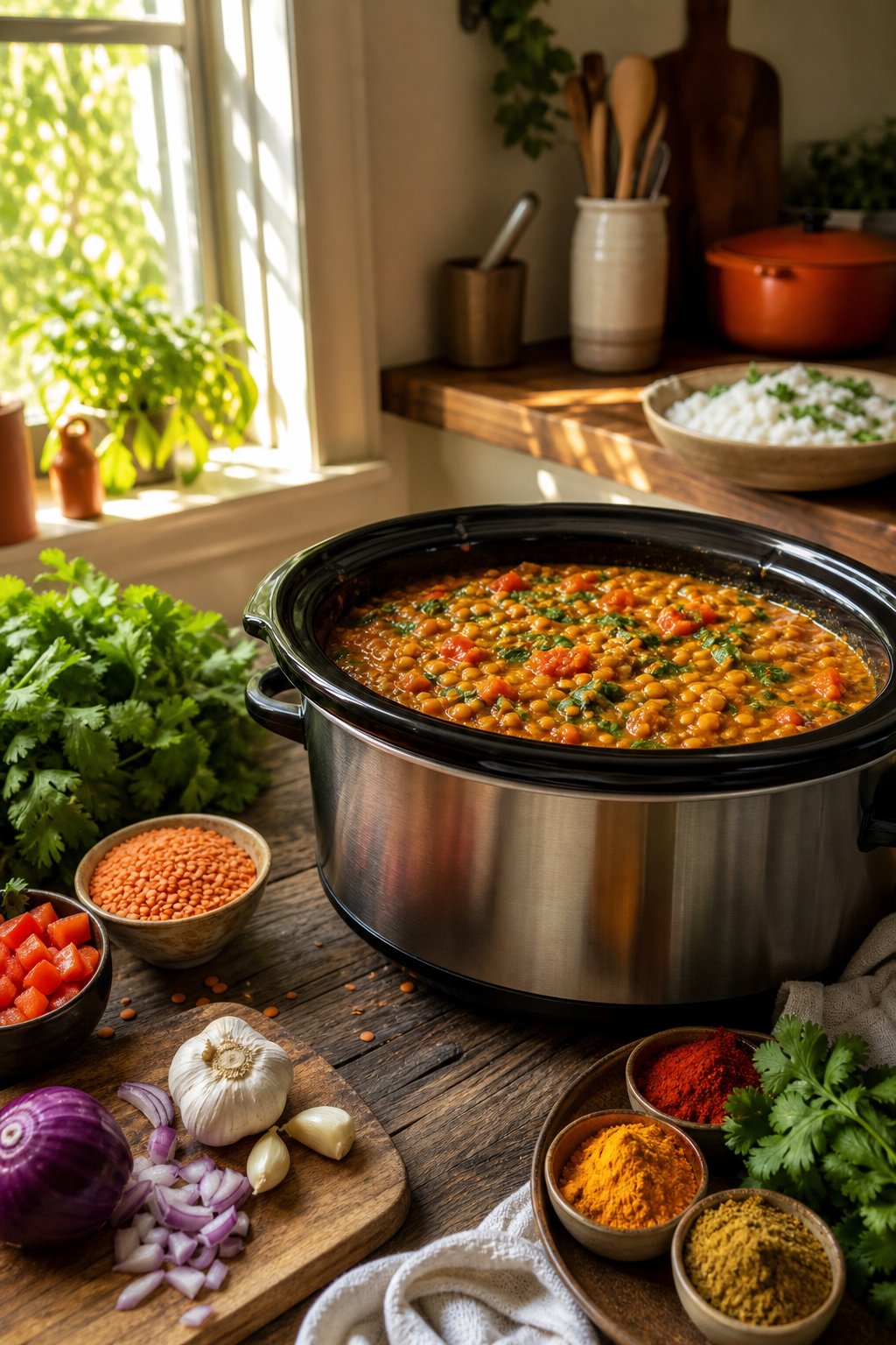 A crockpot filled with vegetarian lentil curry on a wooden table surrounded by fresh ingredients and spices in a kitchen setting.