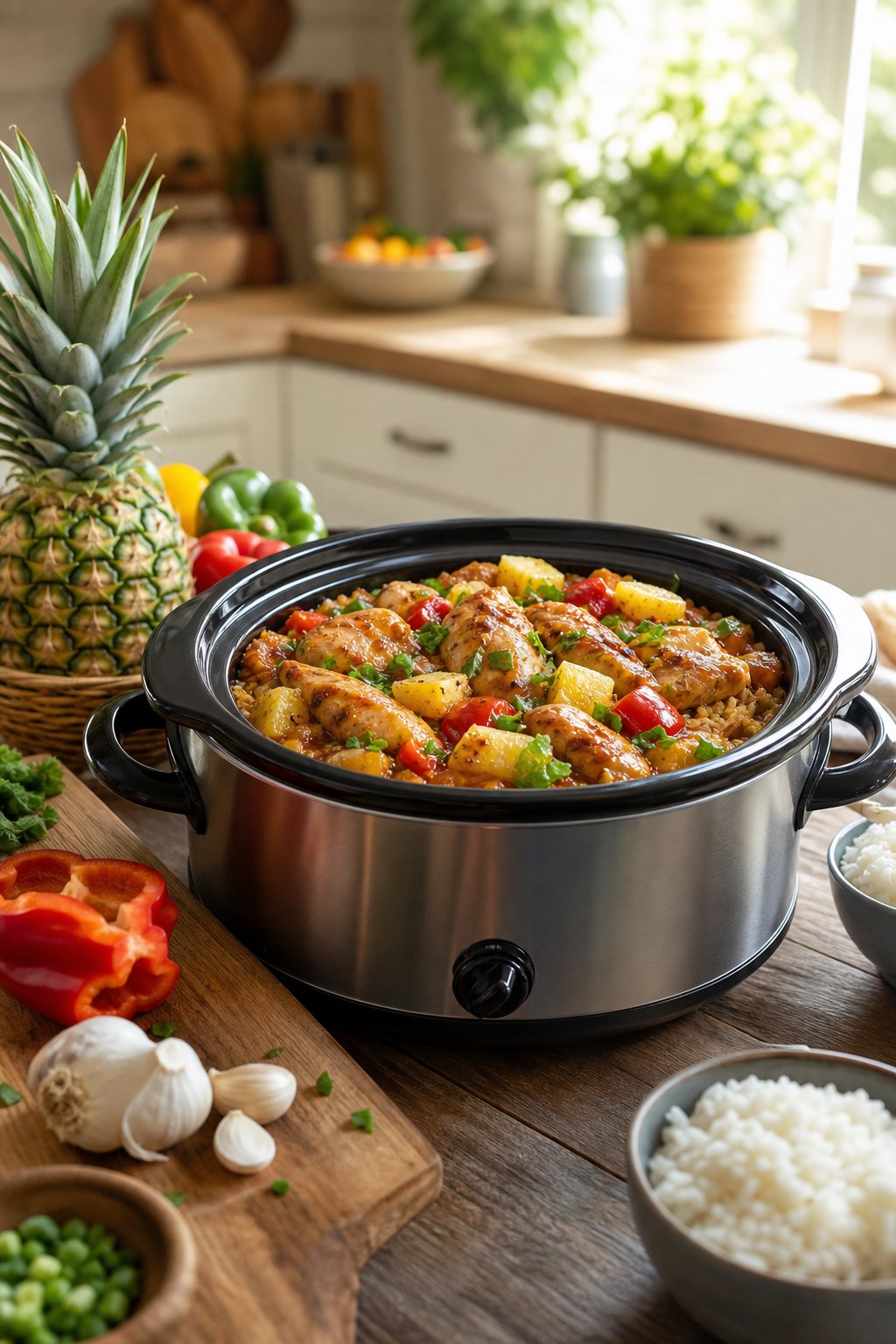 Slow-cooker filled with Hawaiian chicken and rice surrounded by fresh ingredients on a wooden kitchen table.