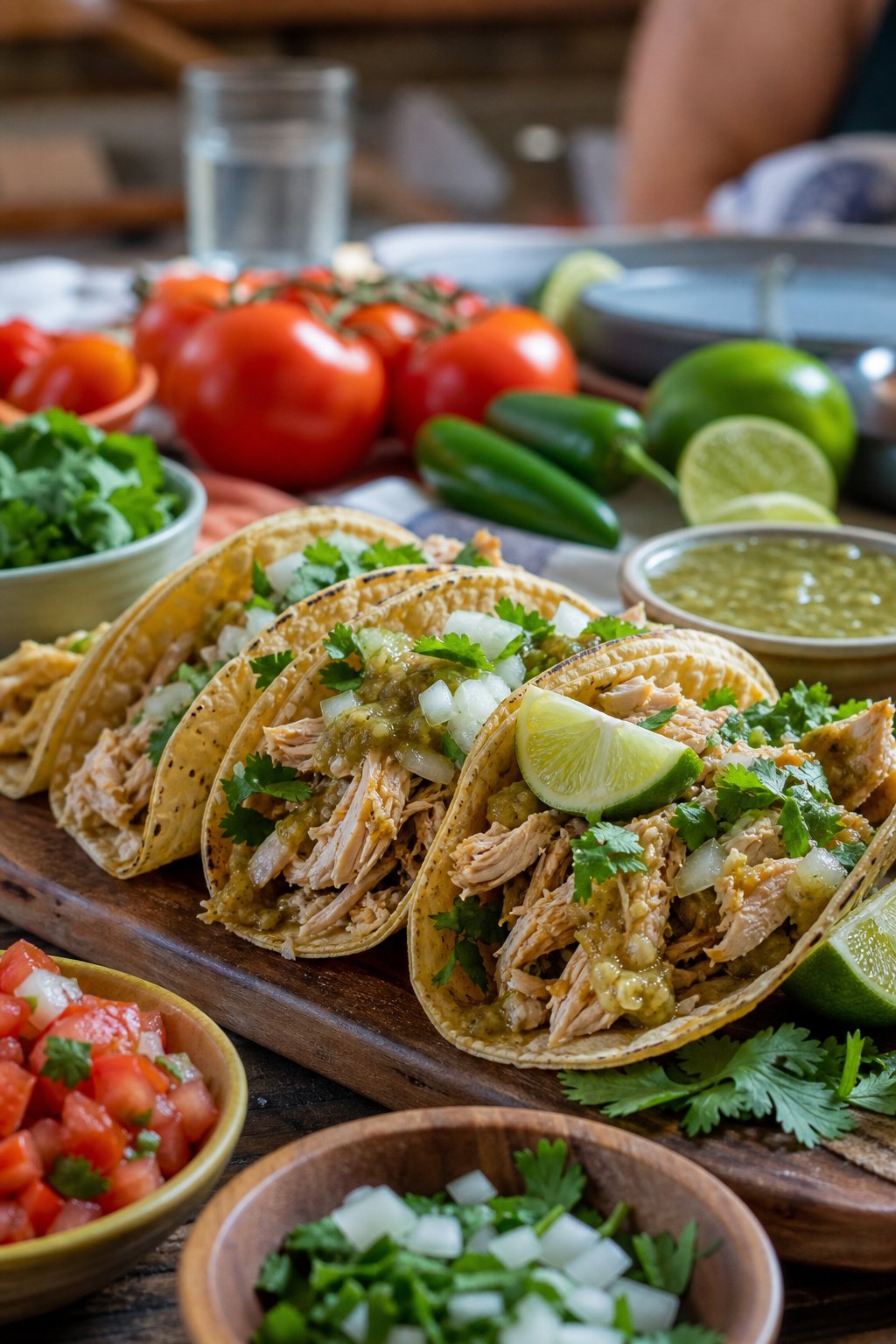 A plate of crockpot salsa verde chicken tacos with fresh toppings on a wooden table surrounded by summer ingredients.