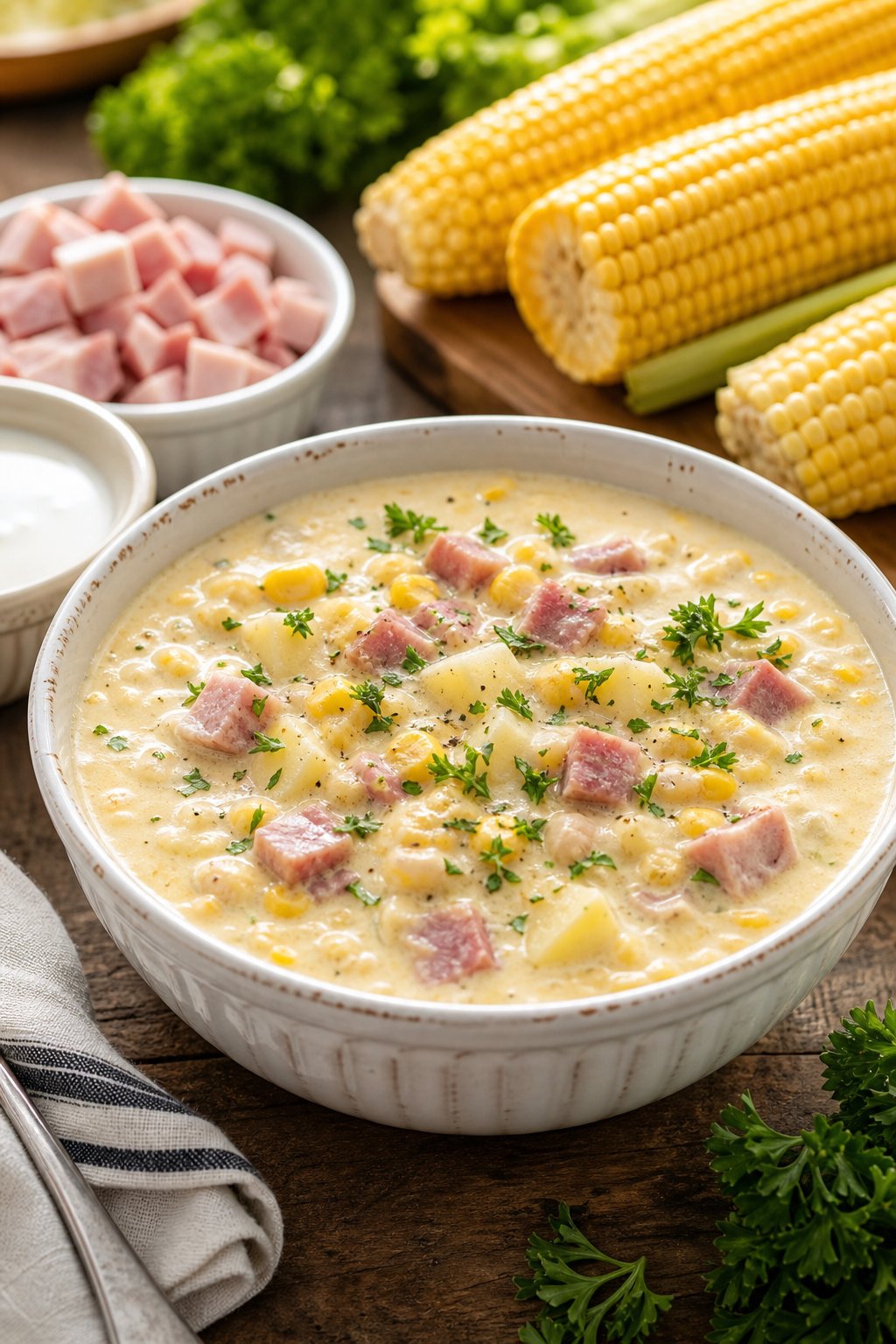 A bowl of creamy corn and ham chowder on a wooden table with fresh corn, ham, and parsley around it.