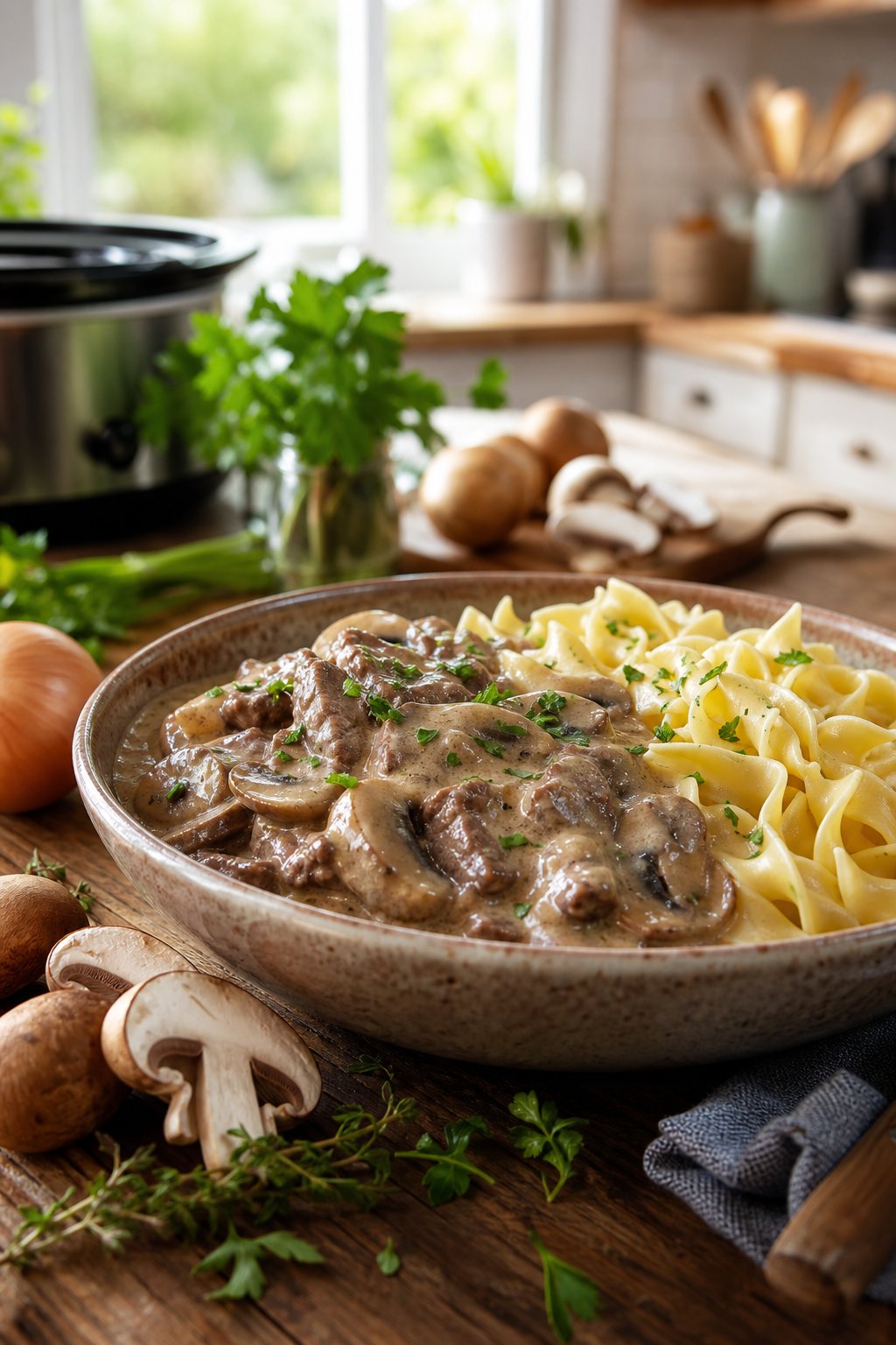A bowl of creamy beef stroganoff with egg noodles on a wooden table, surrounded by fresh ingredients in a kitchen setting.