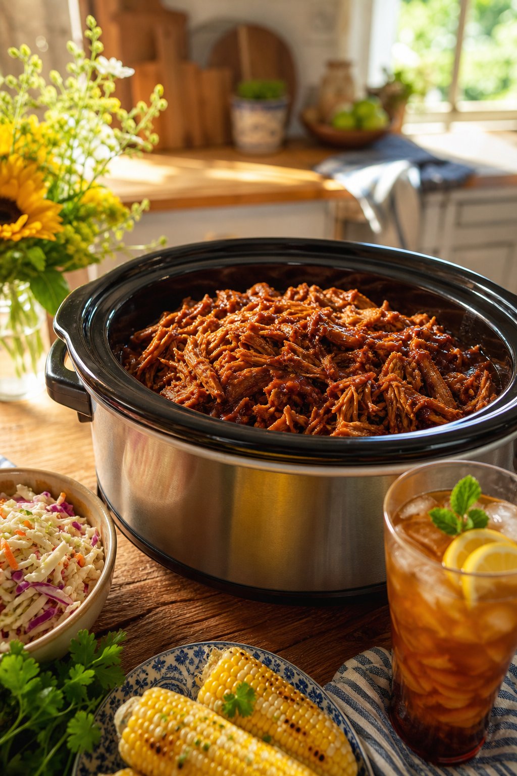 Slow-cooker filled with shredded BBQ bourbon pulled pork on a wooden table surrounded by coleslaw, corn on the cob, and a glass of iced tea.